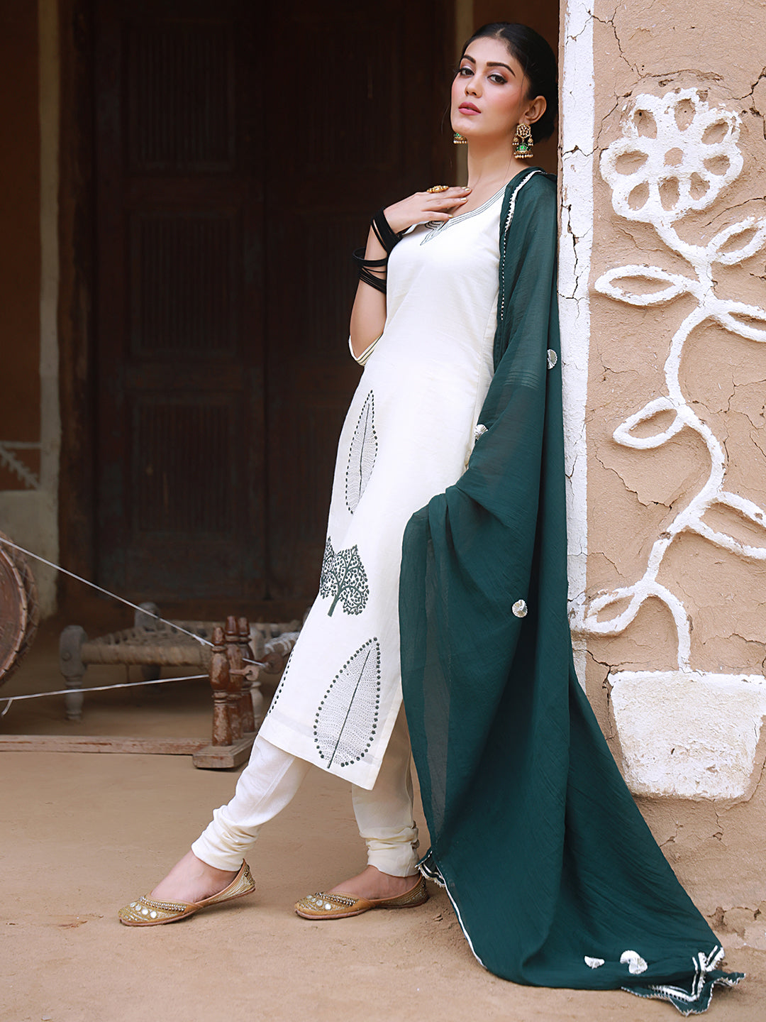 Deep Green Hand Block Print Cotton Kurta Suit Set with Gota work Dupatta