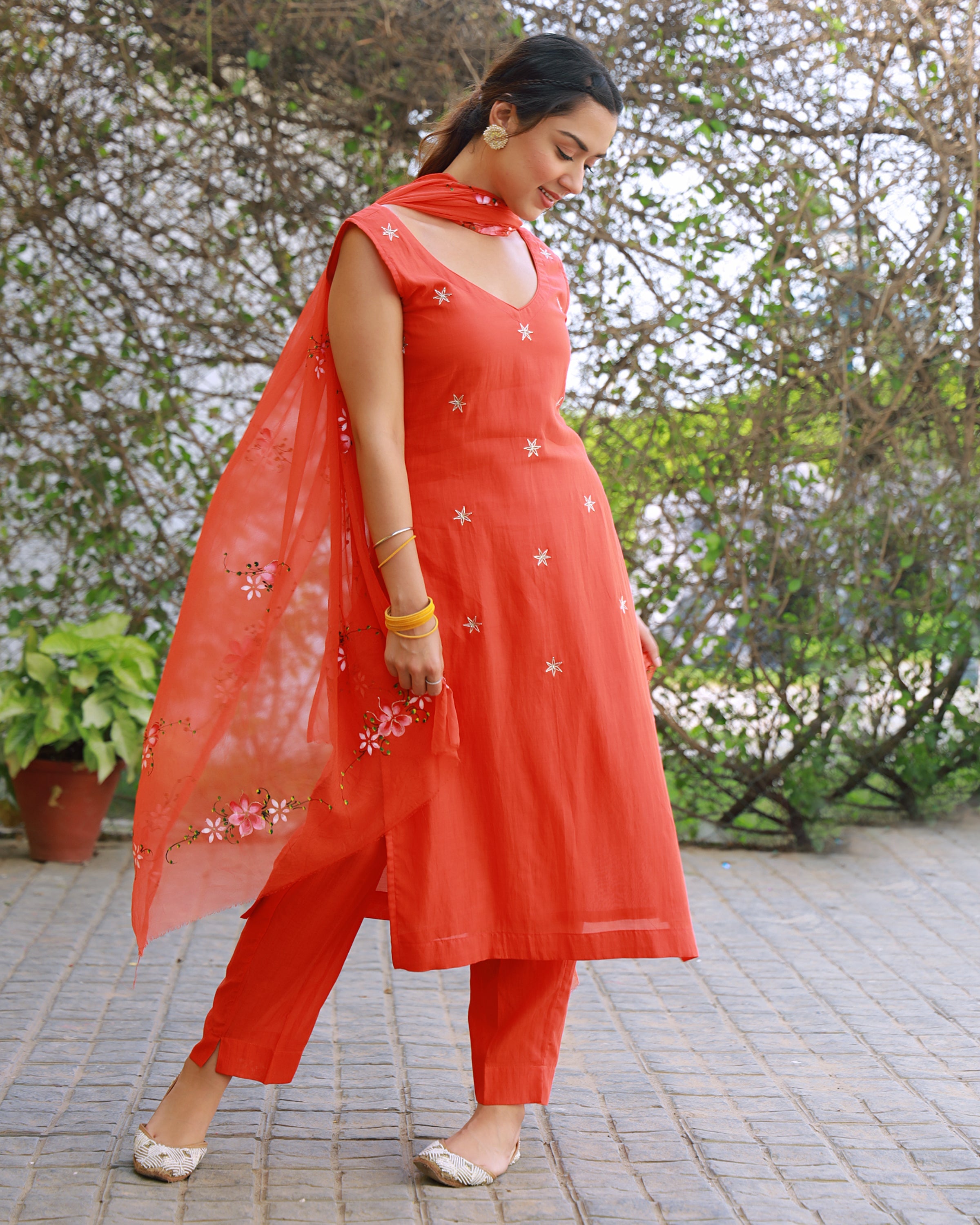 Heer Orange Hand Embroidered Silk Kurta Pant with Hand Painted Dupatta