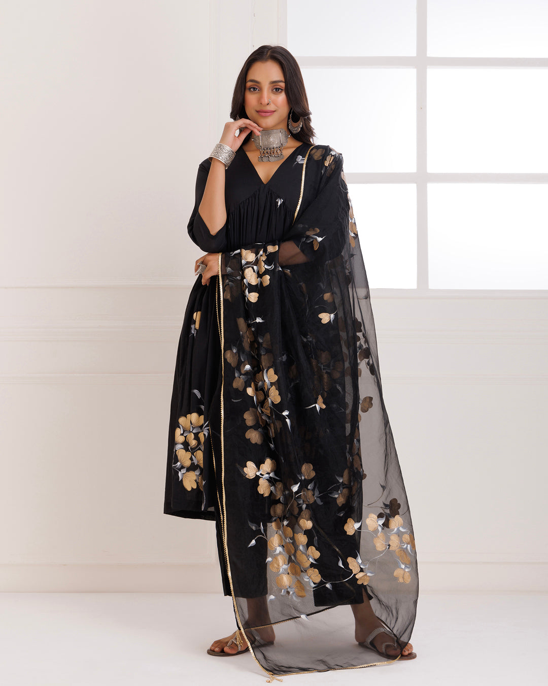 Rangreza Black HandPainted Gathered Suit Set - Set of 3