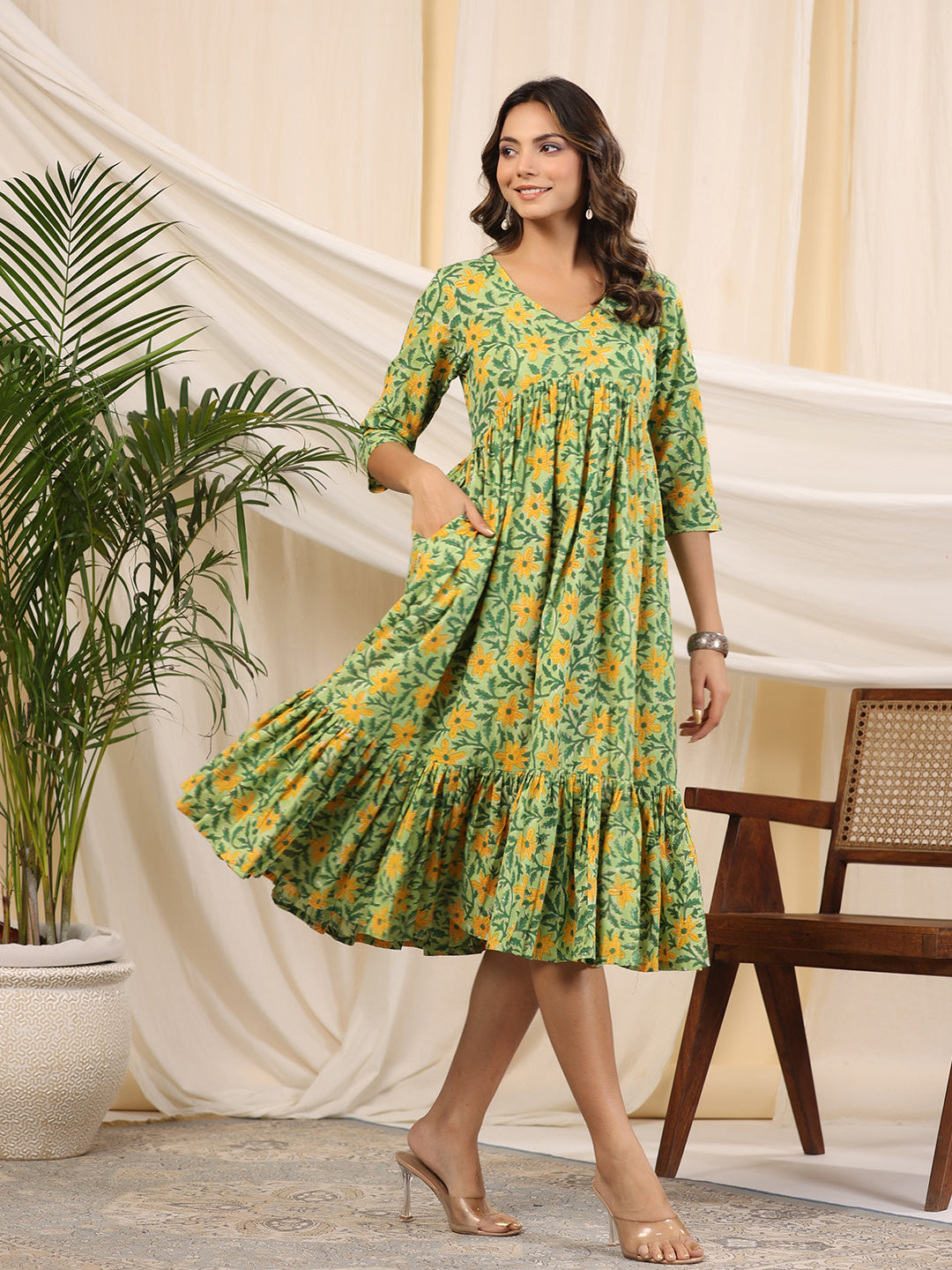 Green Handblock Printed Cotton Dress