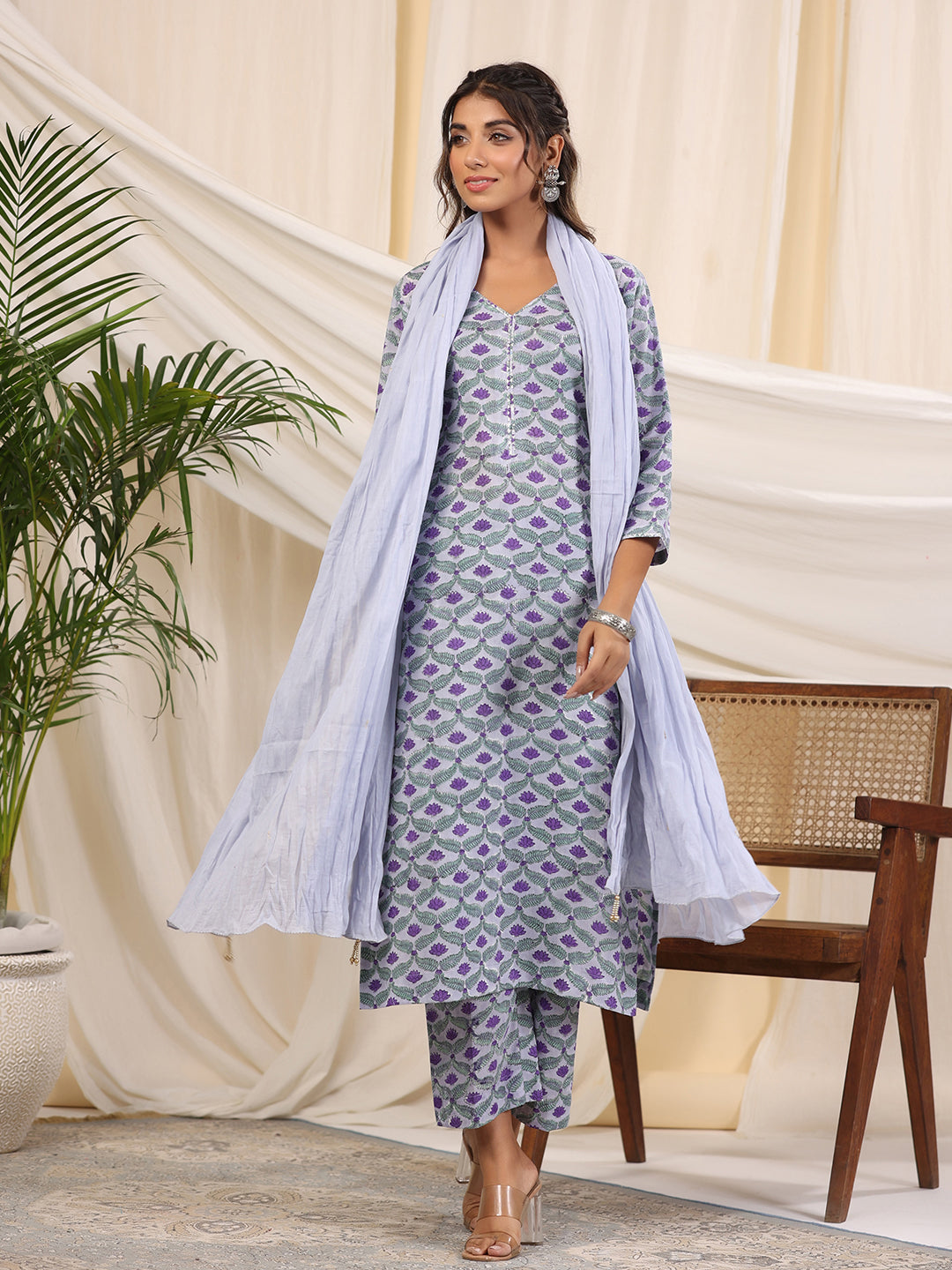 Sadabahaar Grey Jaal Handblock Printed Cotton Kurta Pant Set