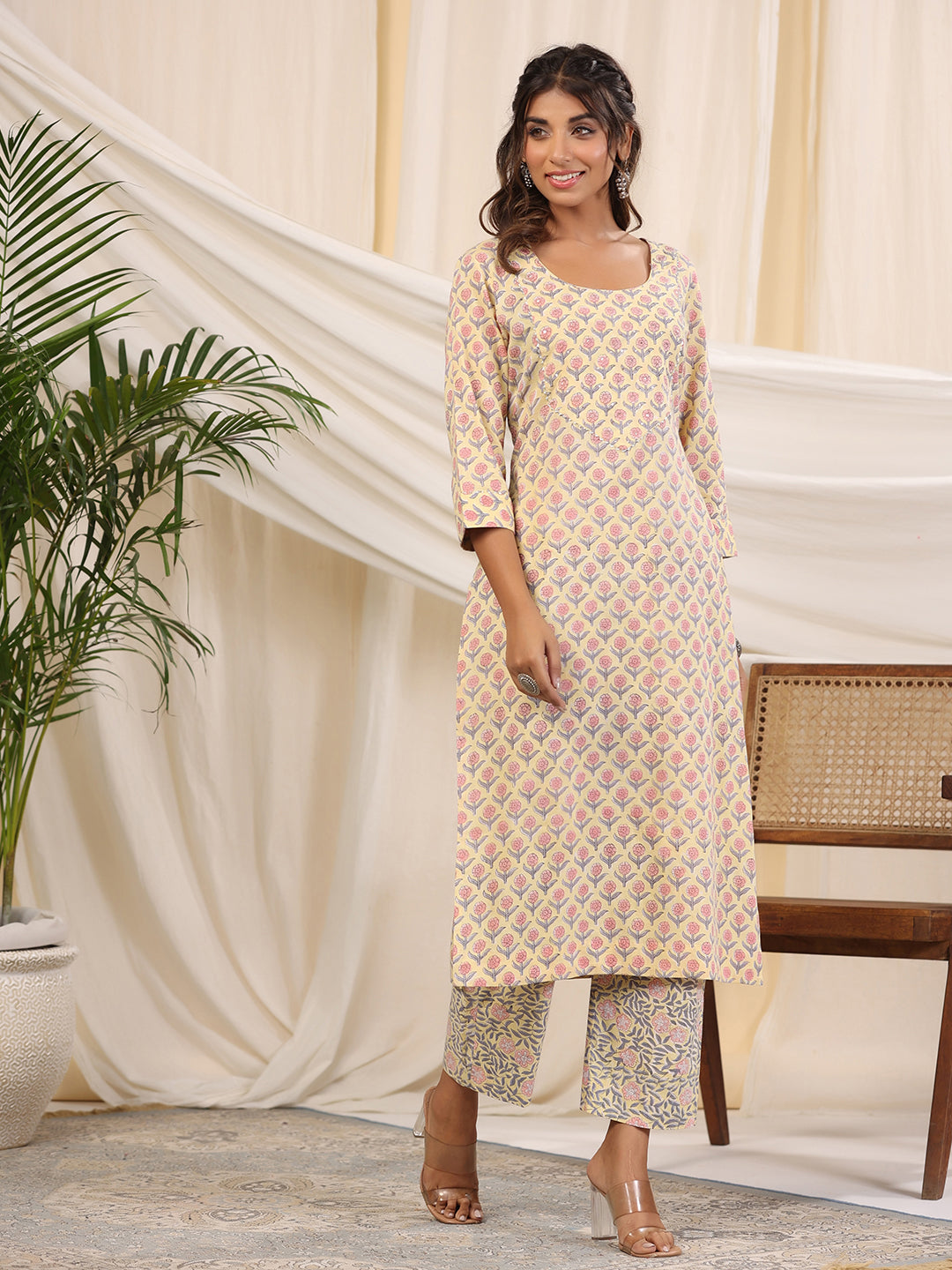 Sadabahaar Yellow & Pink Butti Handblock Printed Cotton Kurta Pant Set