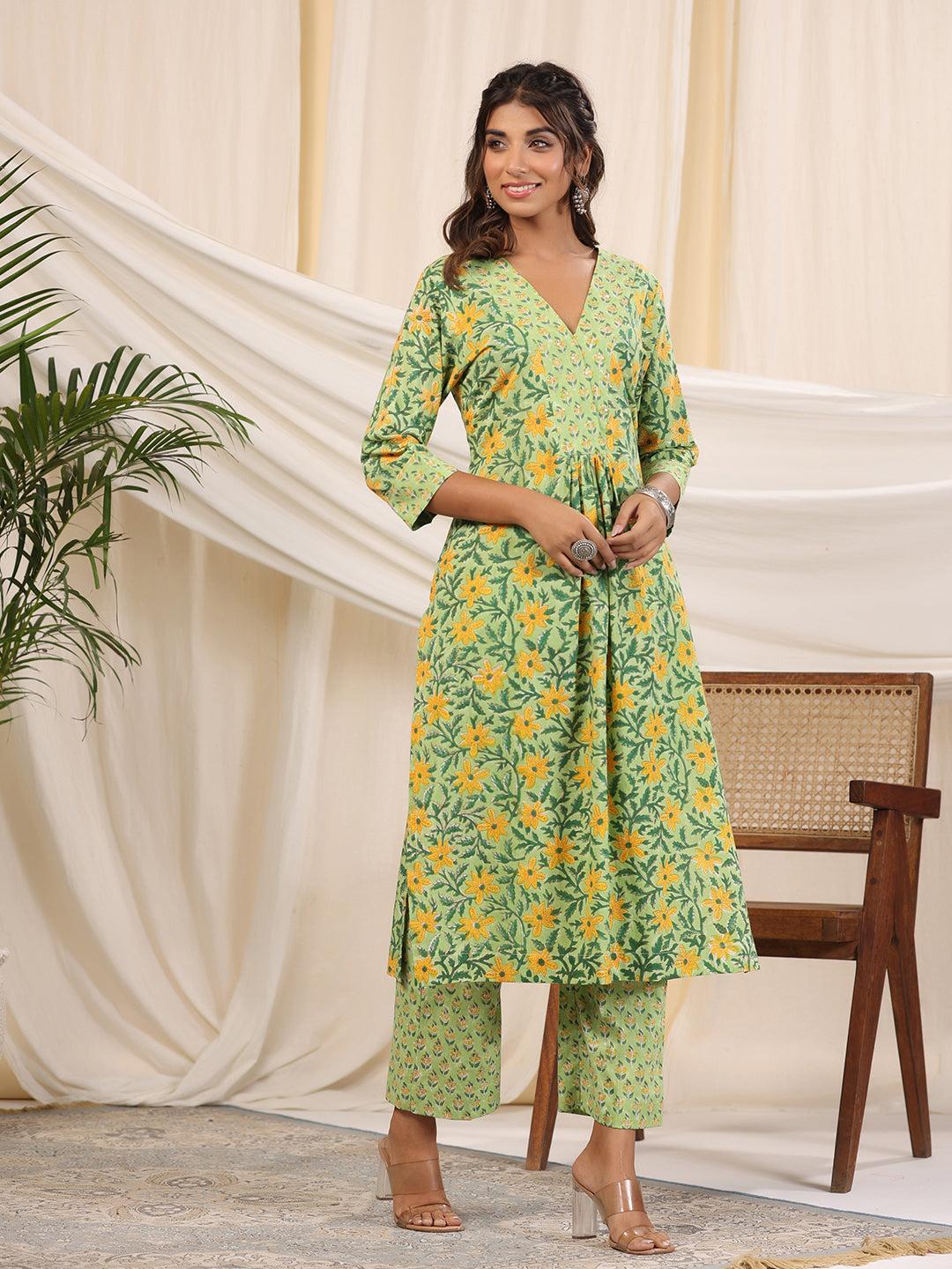 Sadabahaar Mint & Yellow Jaal Handblock Printed Cotton Kurta Pant Set