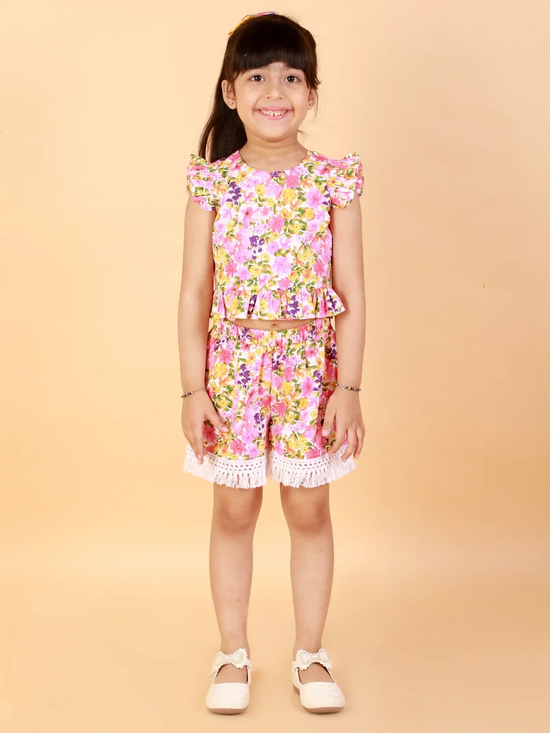 Girls printed cotton top with shorts set