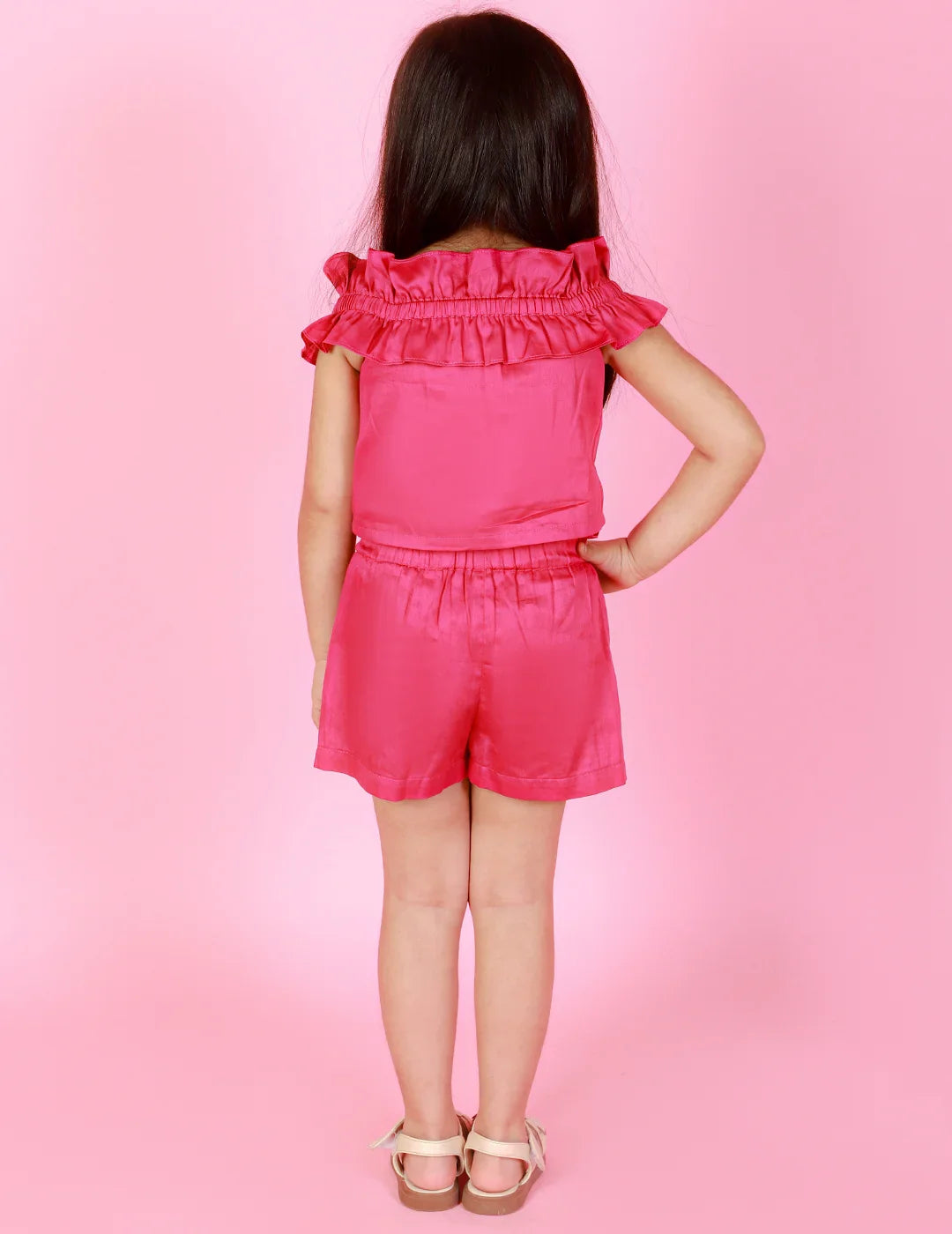 Girls Stylish and Trendy Cotton satin Ruffle off sholuder Top with Shorts