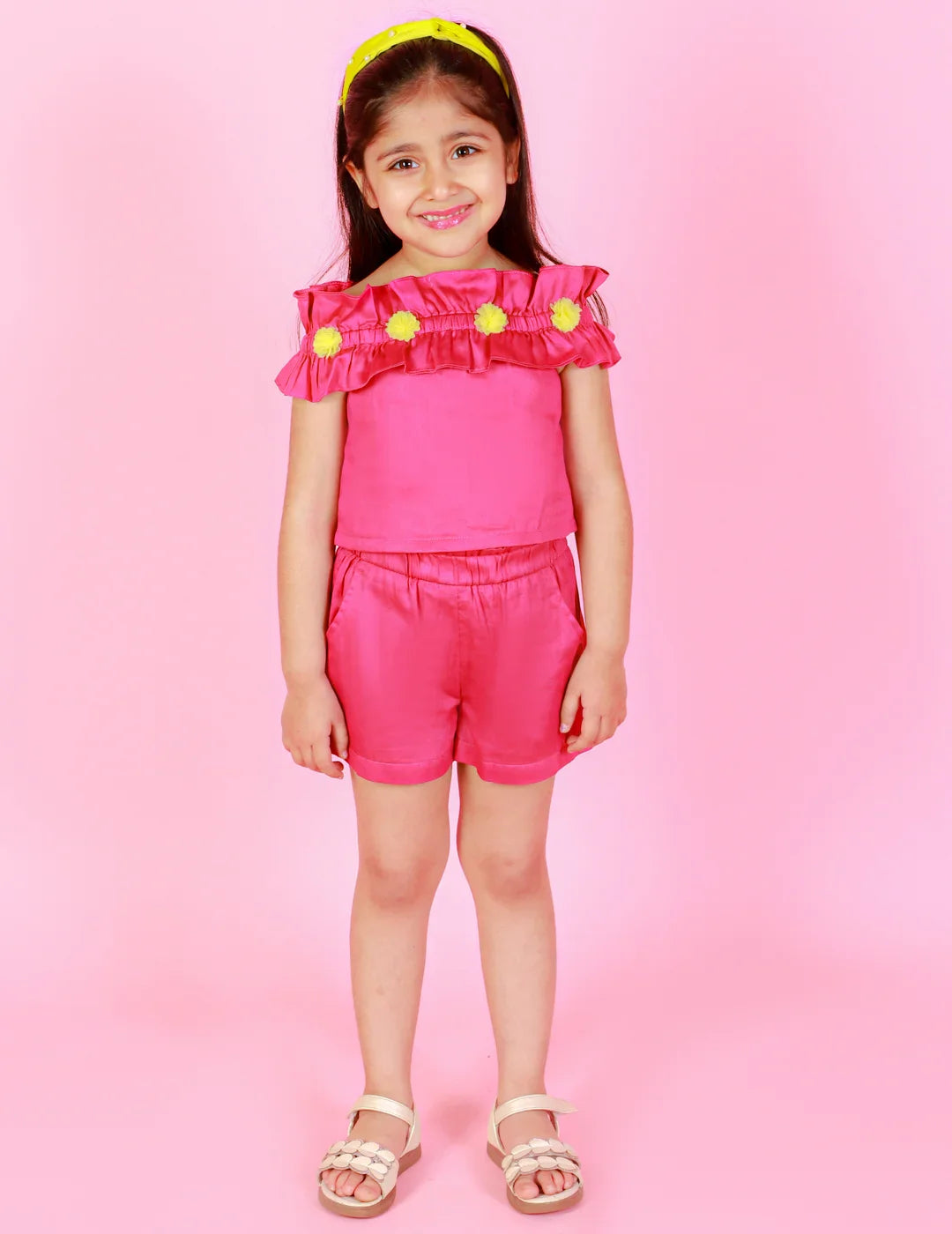 Girls Stylish and Trendy Cotton satin Ruffle off sholuder Top with Shorts