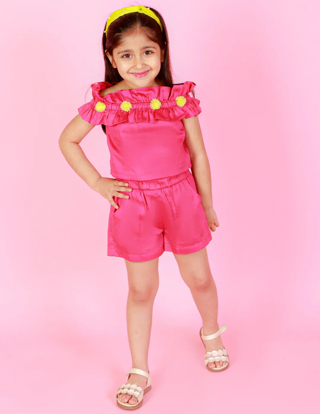 Girls Stylish and Trendy Cotton satin Ruffle off sholuder Top with Shorts