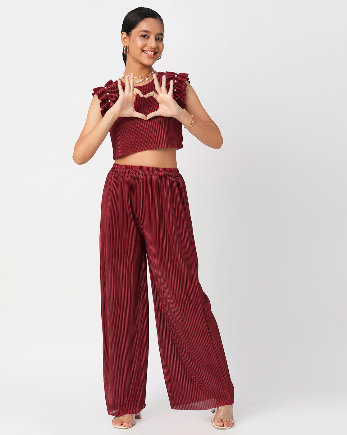 Glam up Girls Maroon Party Top with Pant Girls Co-ordinate set