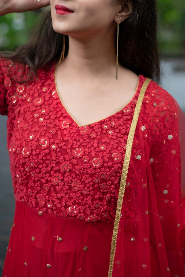 Red Thread Work Anarkali Set