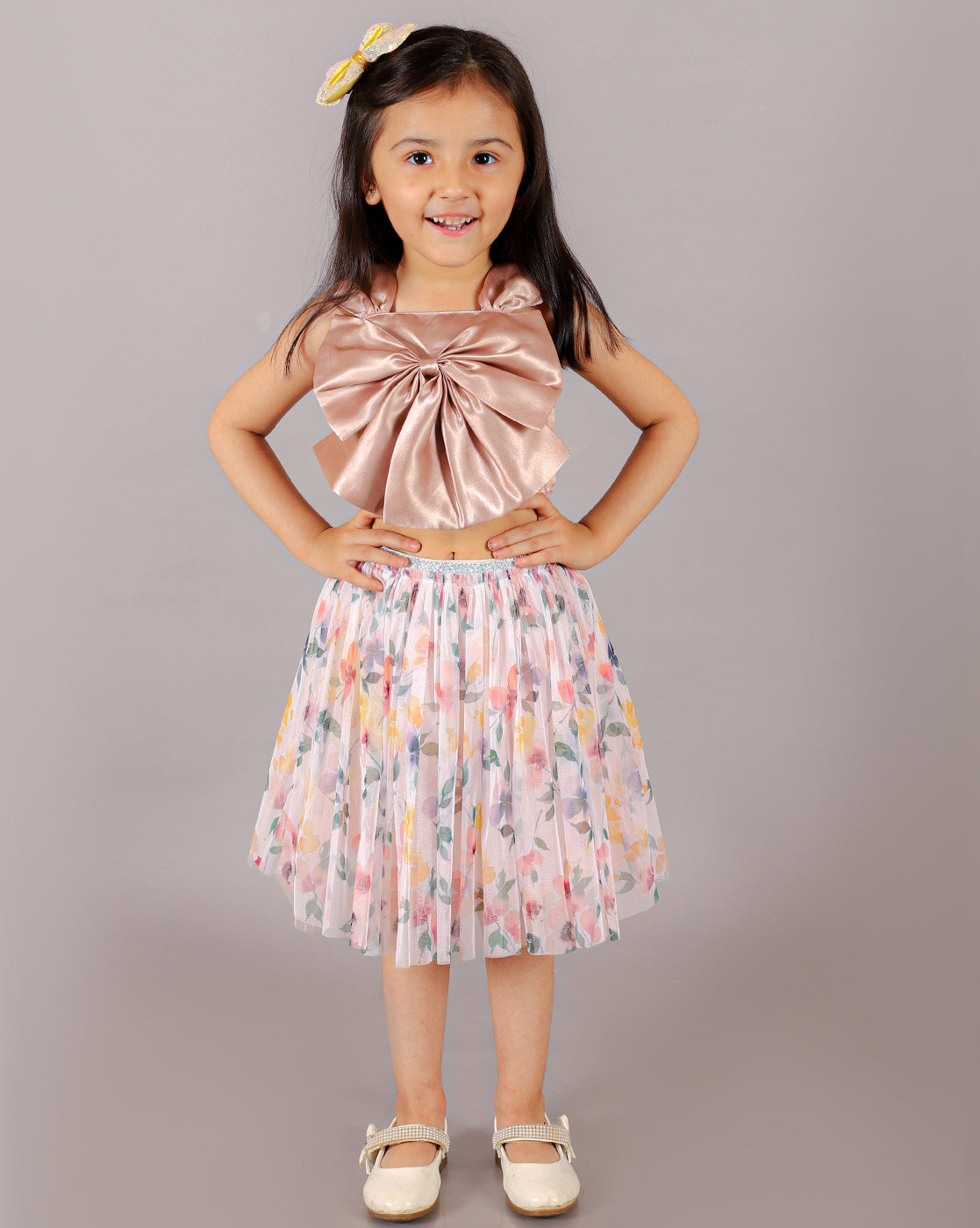 Glam Up Girls 3D Flower Party Top With With Skirt Set For Girls