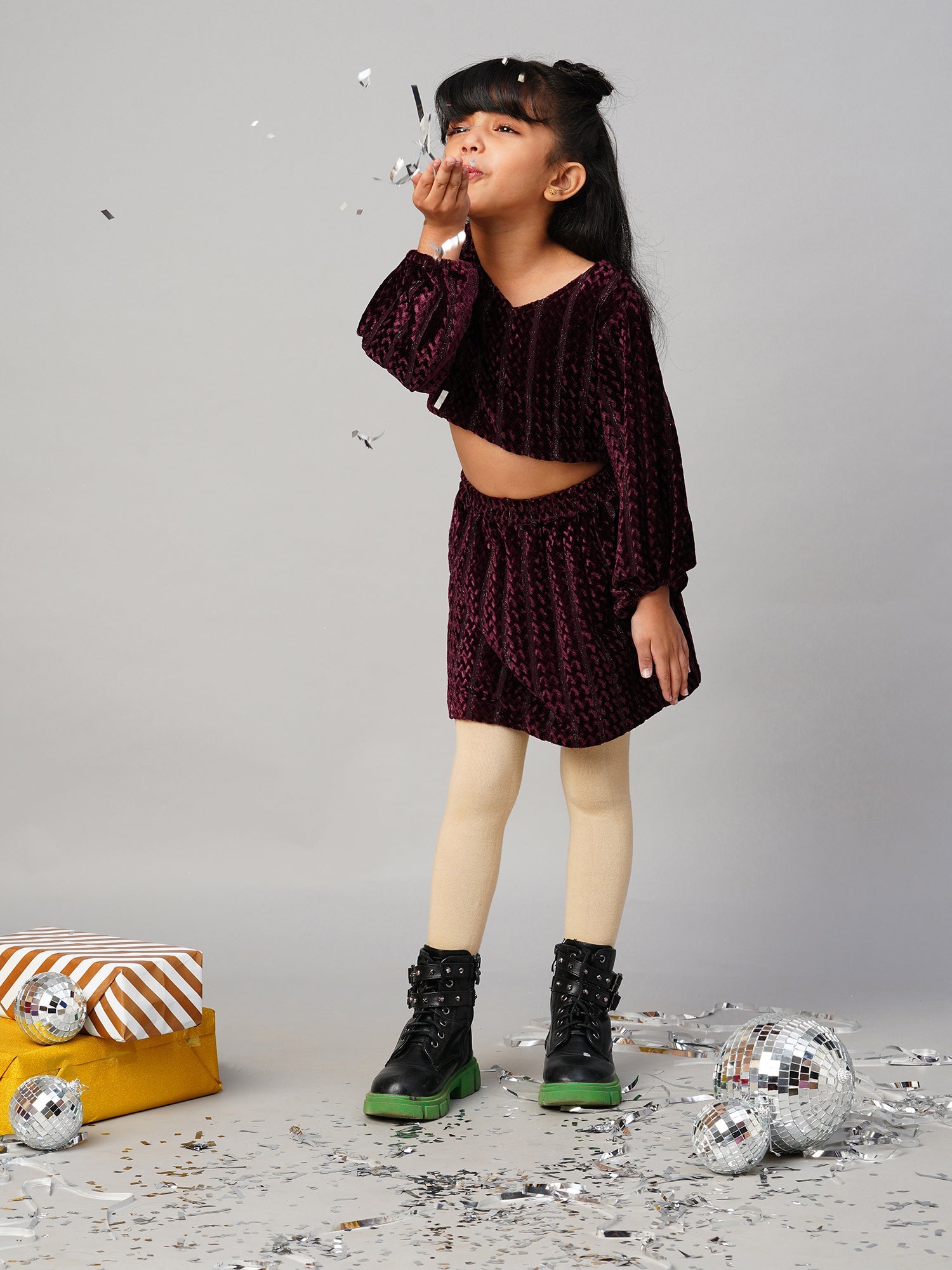 Razzle Dazzle Girls Party Wine Velvet Top With Skirt Set