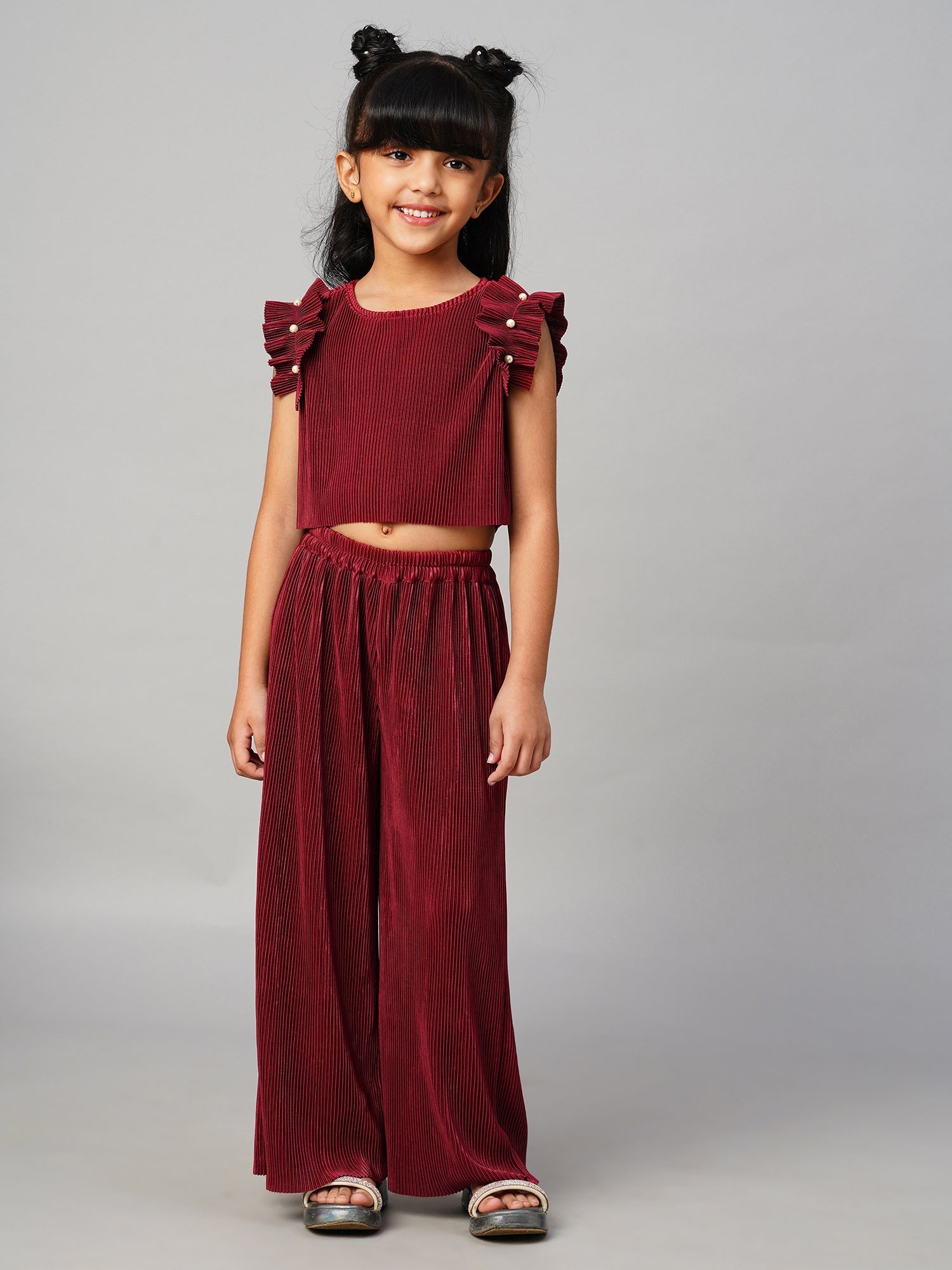 Glam up Girls Maroon Party Top with Pant Girls Co-ordinate set