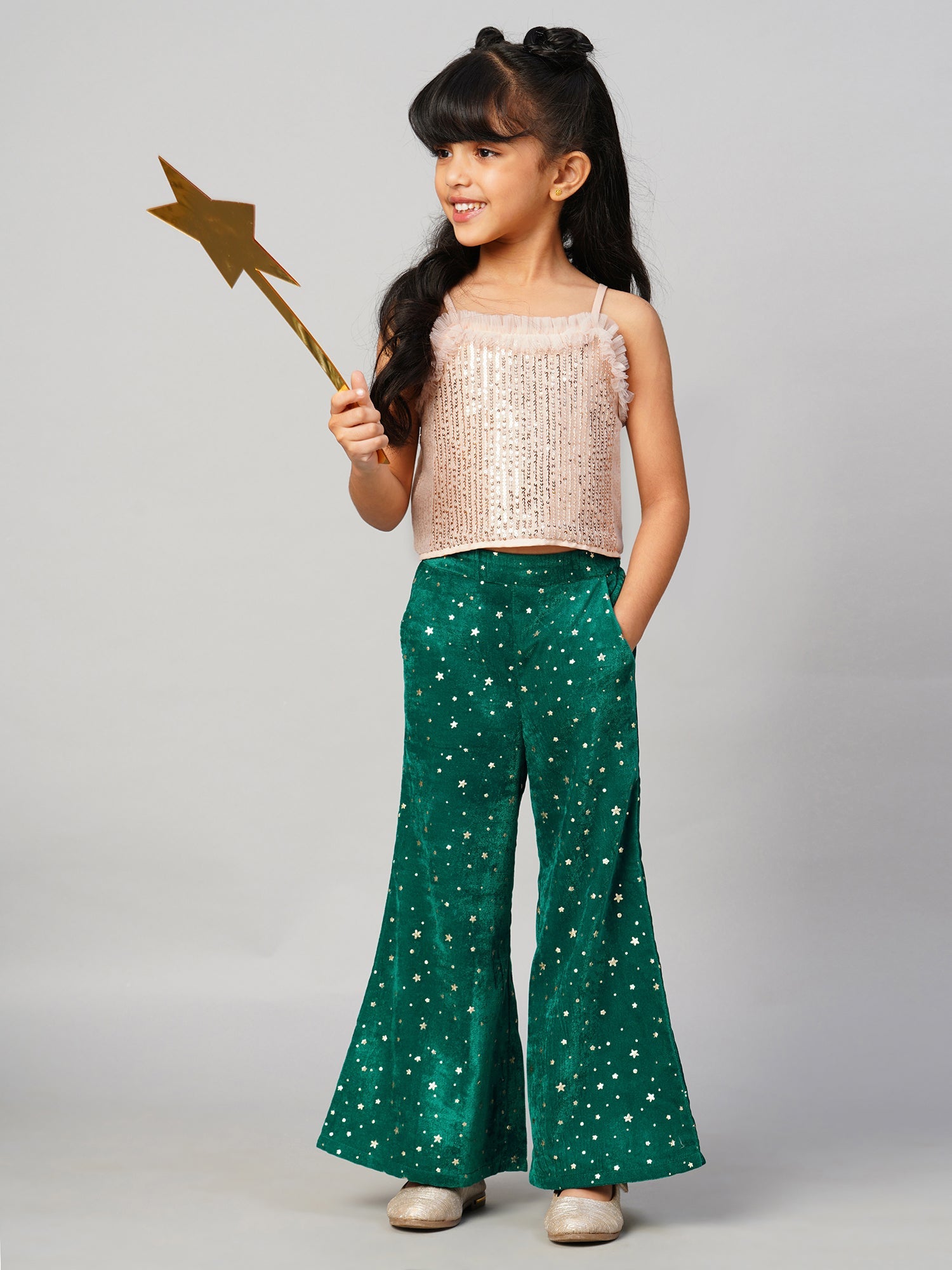 Razzle Dazzle Girls Gold Sequins Party Top With Velvet Pants