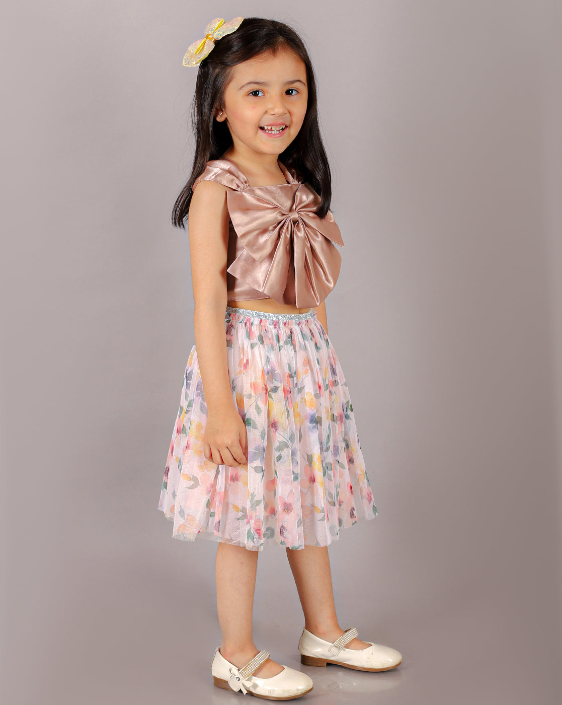 Glam Up Girls 3D Flower Party Top With With Skirt Set For Girls