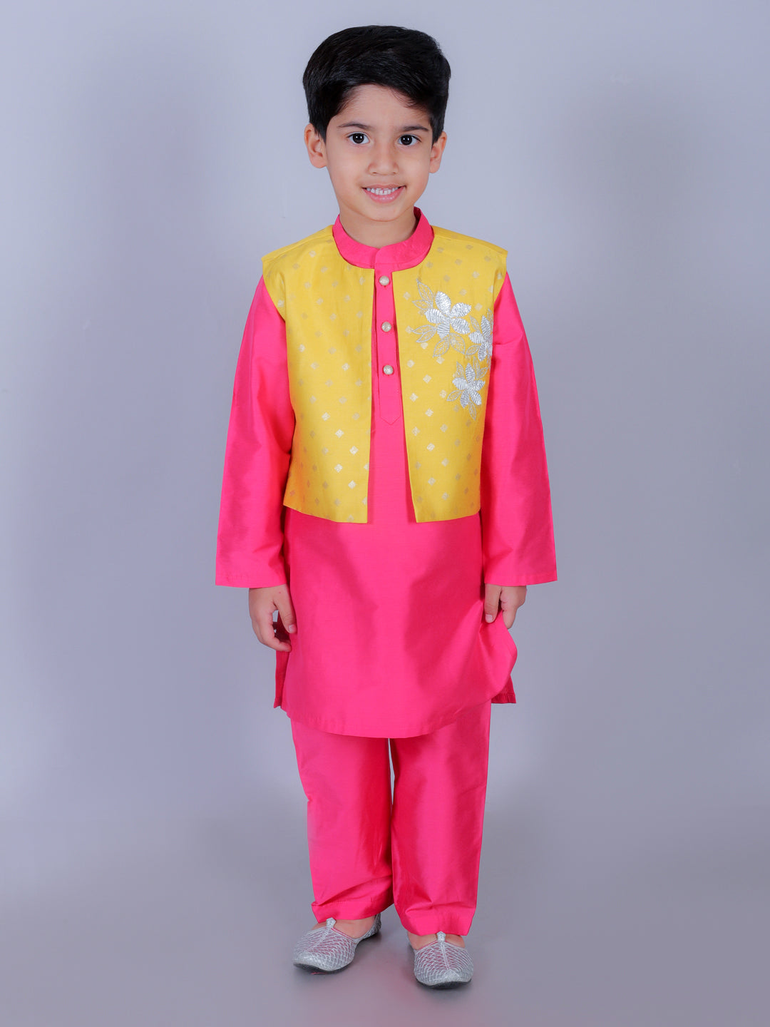 Ethnic Boys Pink Kurta with Pant and Jacket set