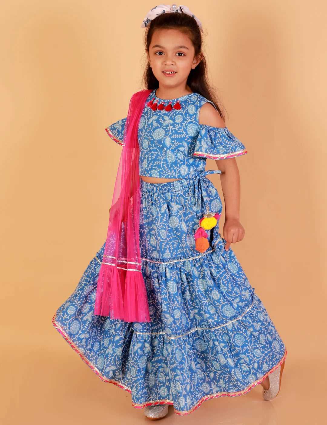 Girls Ethnic, Stylish Folklore Printed Cotton Lehanga Choli with Duptta