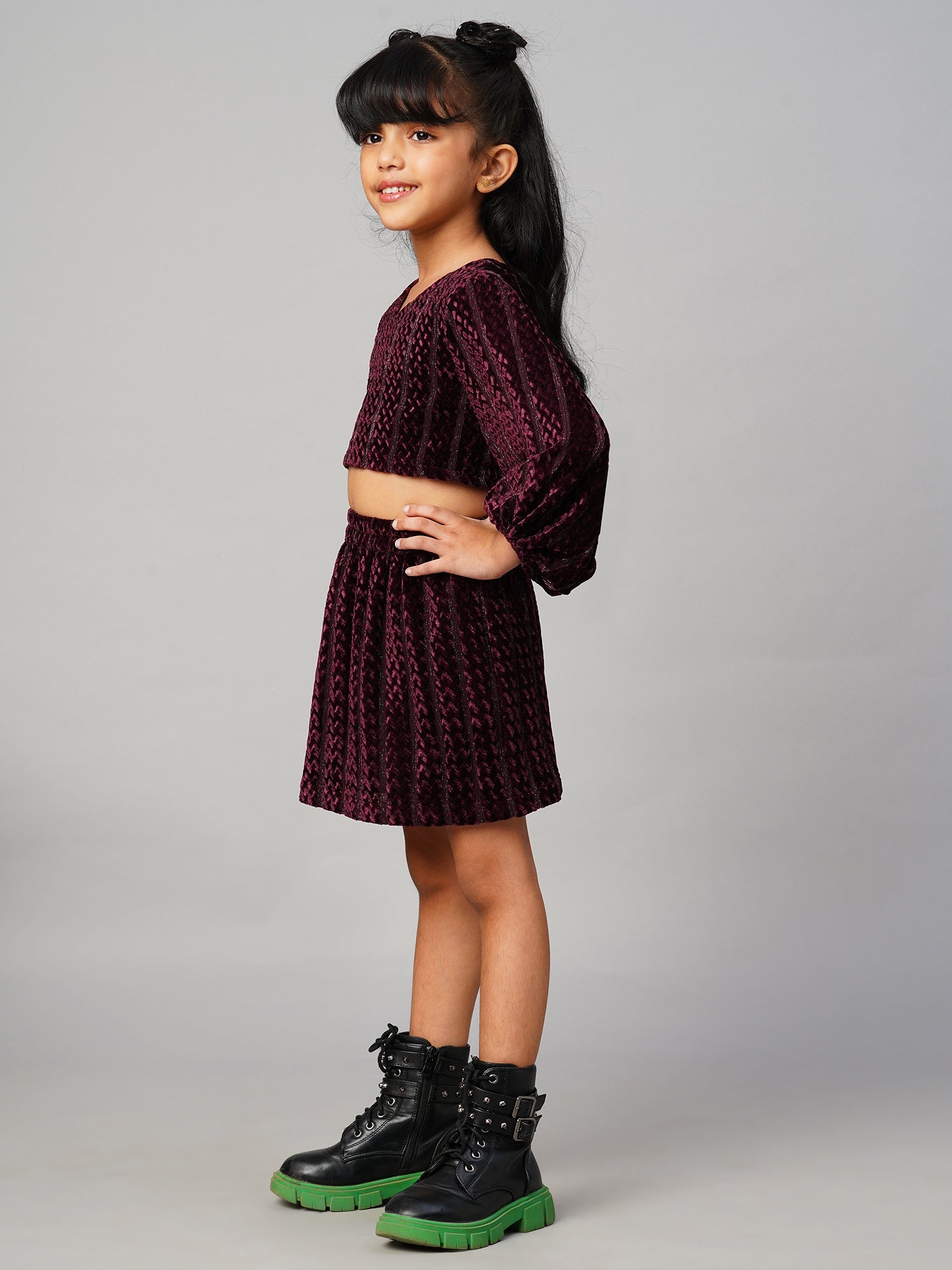 Razzle Dazzle Girls Party Wine Velvet Top With Skirt Set