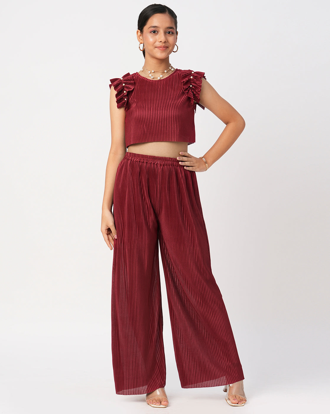 Glam up Girls Maroon Party Top with Pant Girls Co-ordinate set