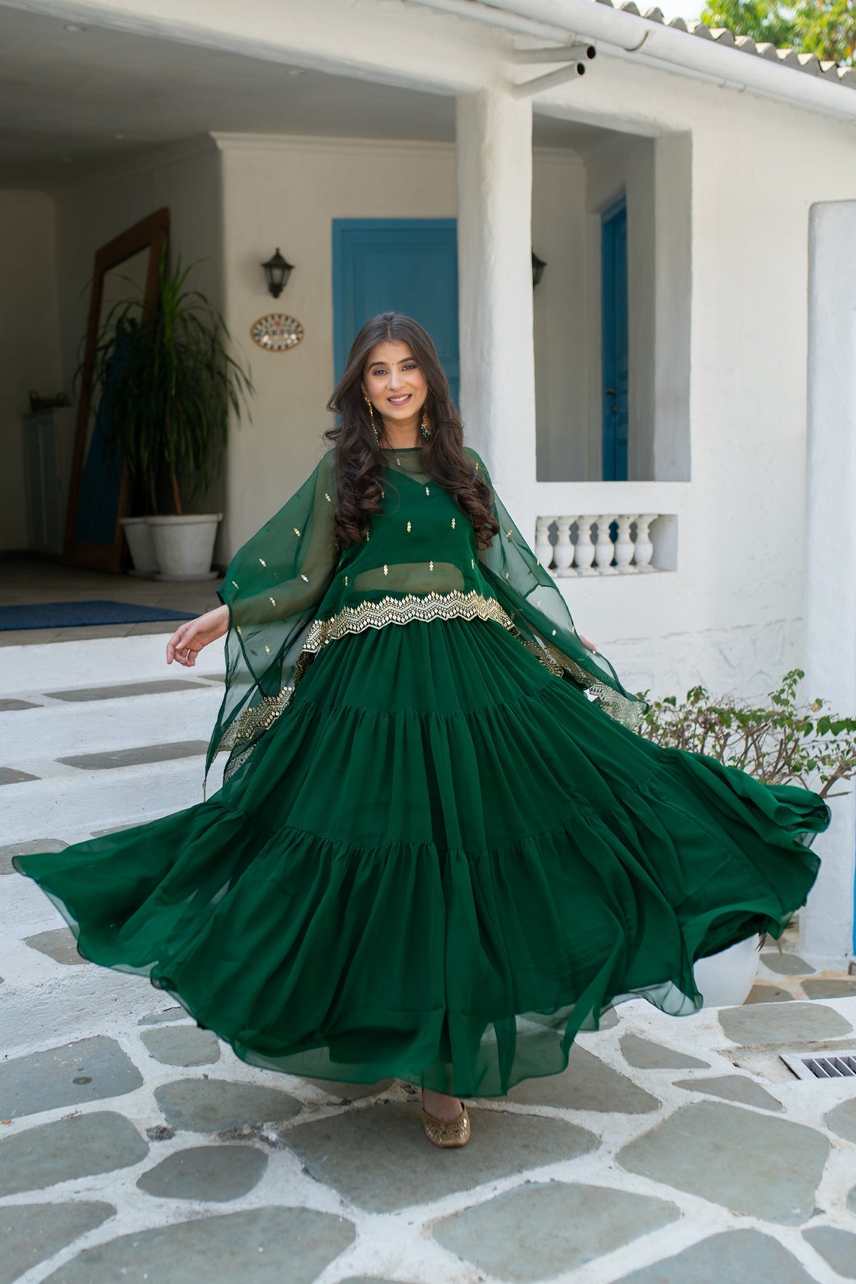 Bottle Green Cape Lehenga Choli