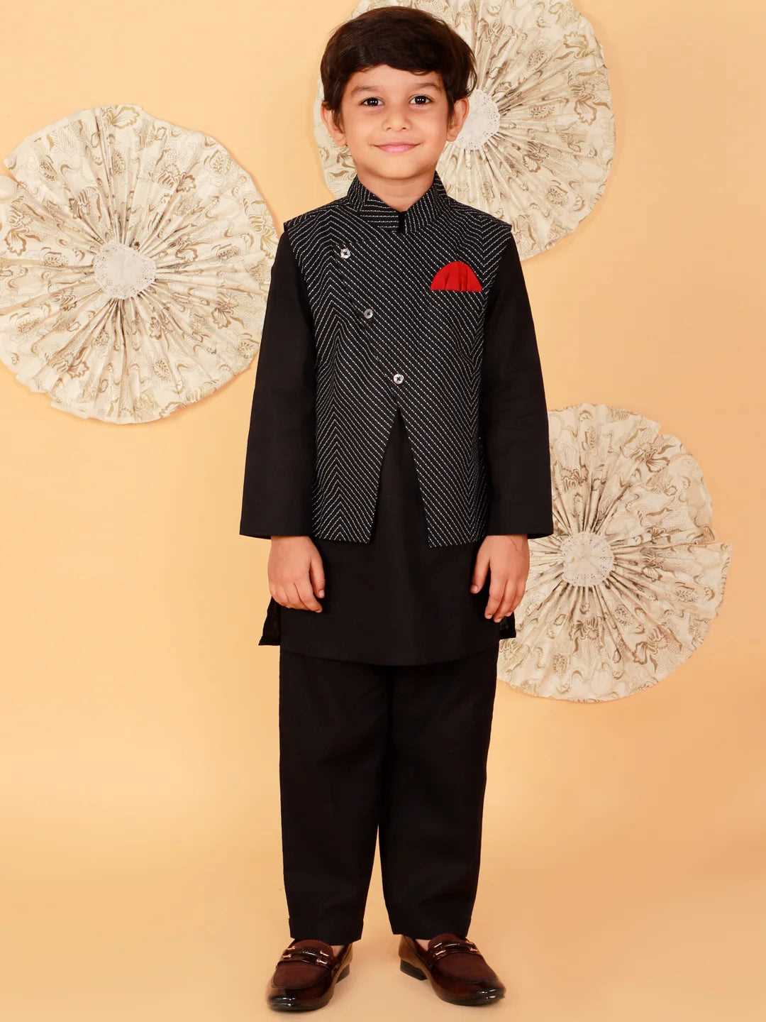 Boys Printed Cotton Kurta Pyjama Jacket Set