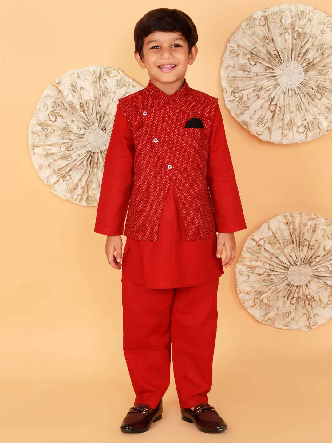 Boys Printed Cotton Kurta Pyjama Jacket Set