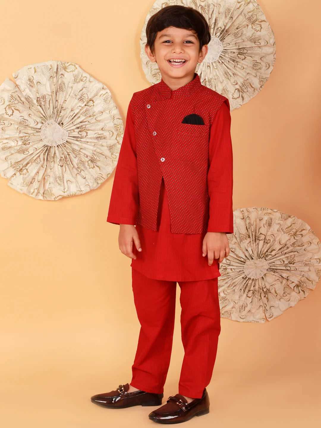 Boys Printed Cotton Kurta Pyjama Jacket Set