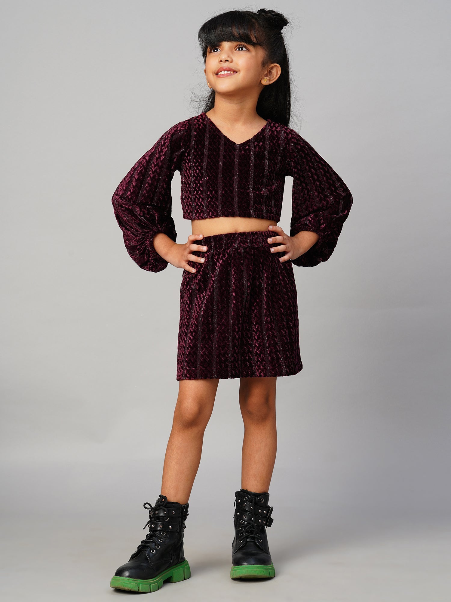 Razzle Dazzle Girls Party Wine Velvet Top With Skirt Set