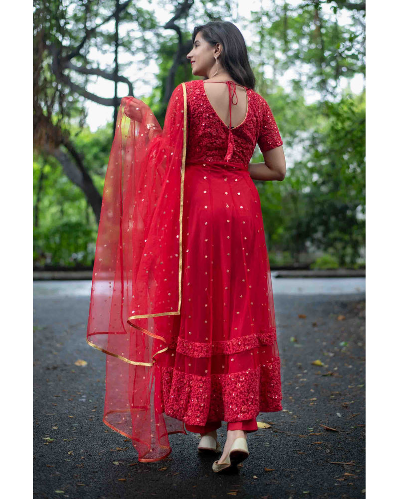 Red Thread Work Anarkali Set