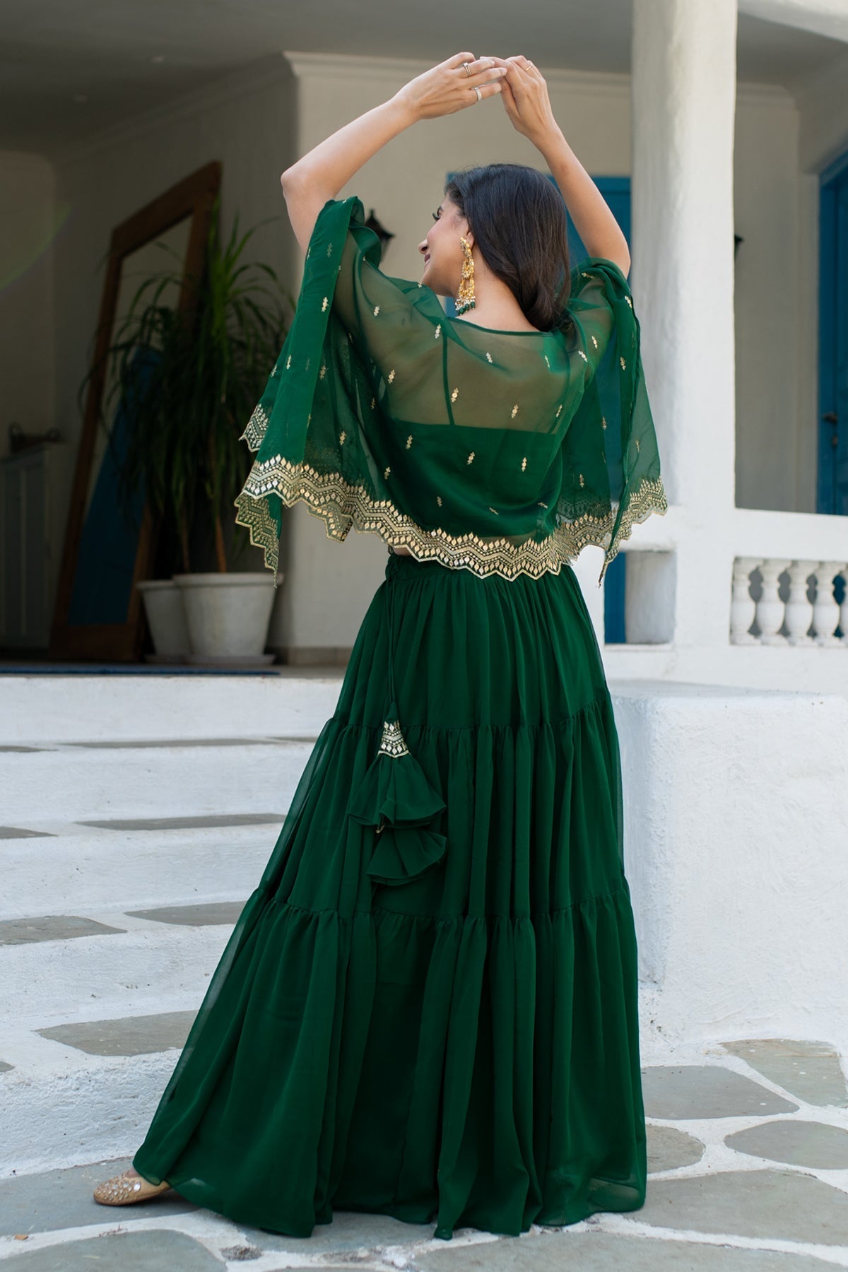 Bottle Green Cape Lehenga Choli