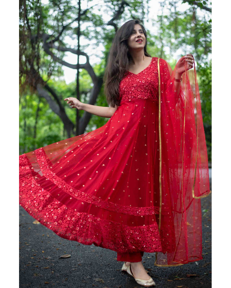 Red Thread Work Anarkali Set