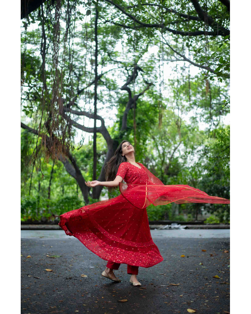 Red Thread Work Anarkali Set