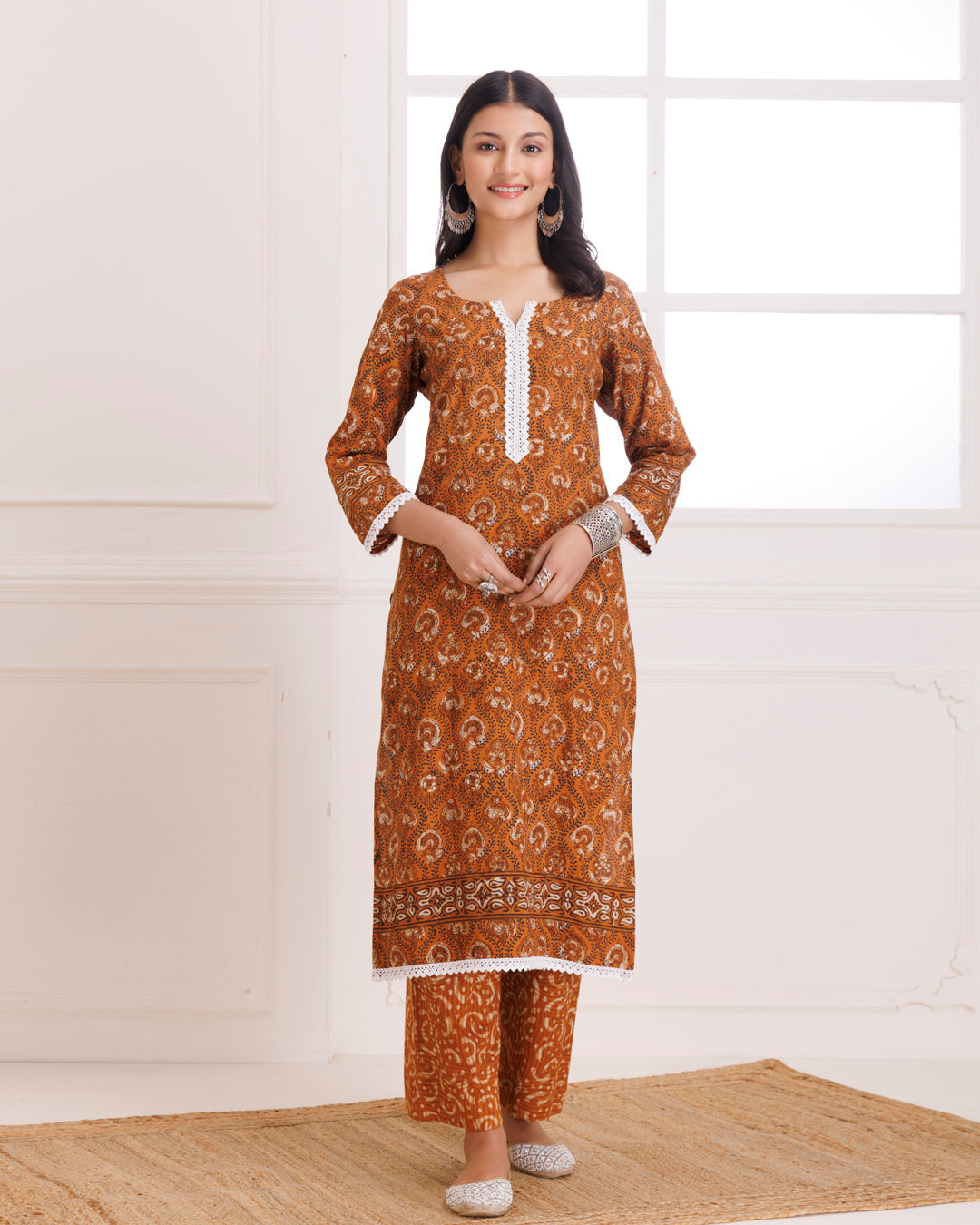 Mustard Dabu Hand Block Printed Cotton Suit Set