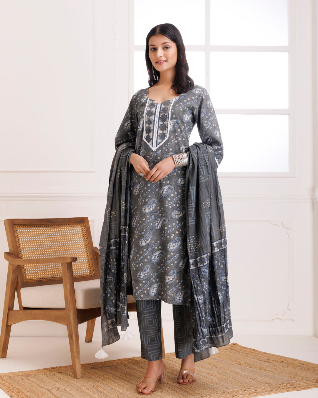 Grey Dabu Hand Block Printed Cotton Suit Set