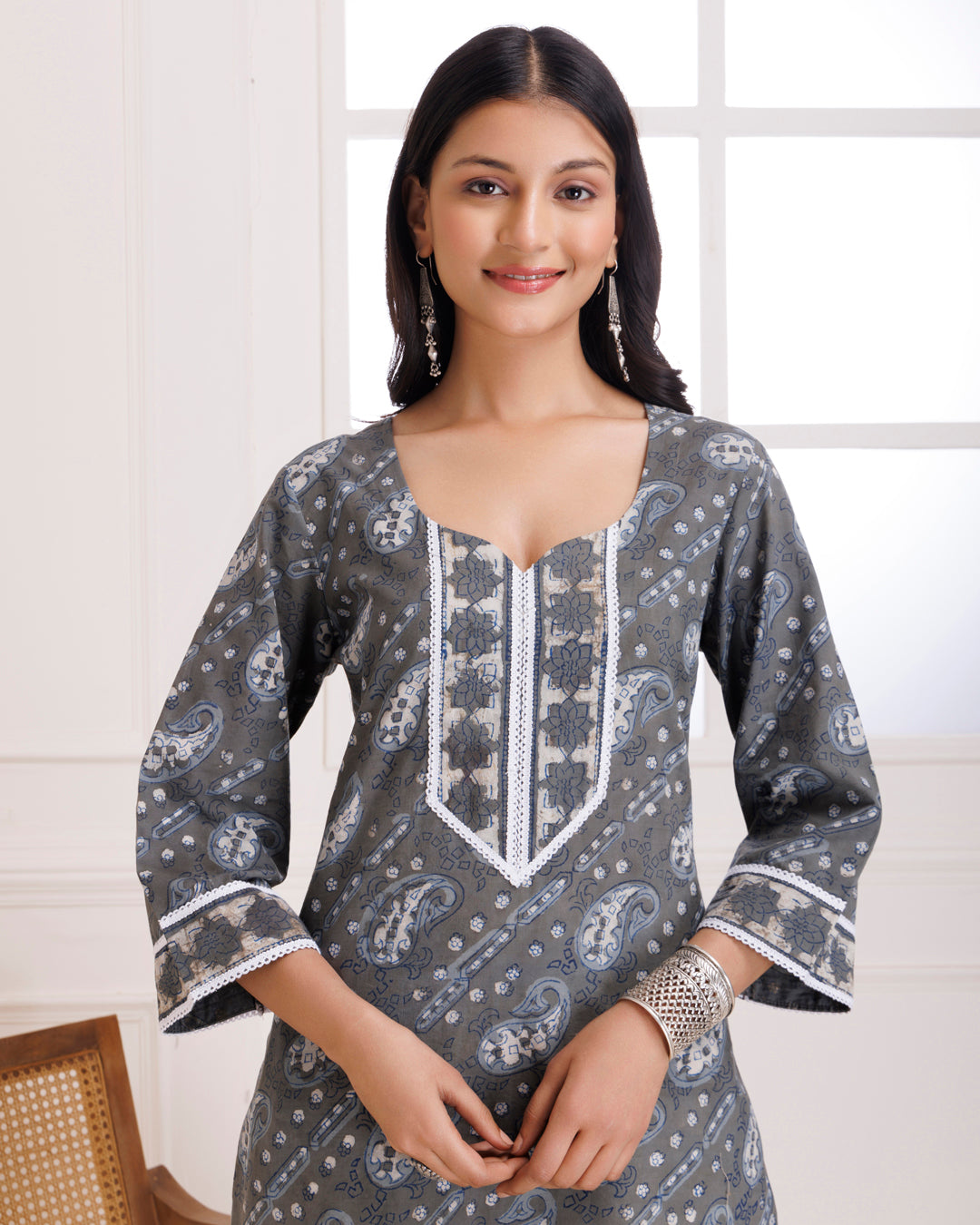 Grey Dabu Hand Block Printed Cotton Suit Set