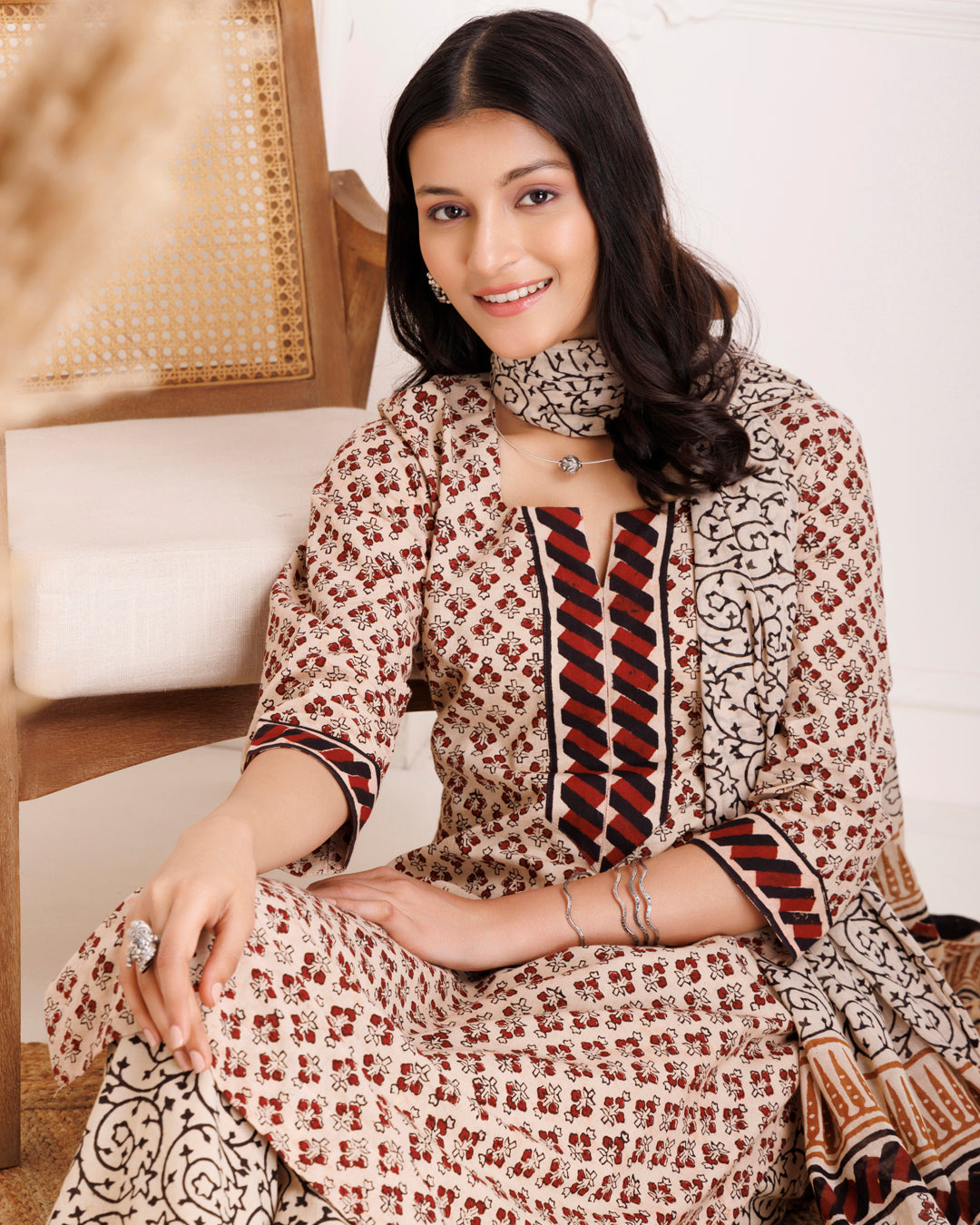 Beige & Red Bagru Hand Block Printed Cotton Suit Set