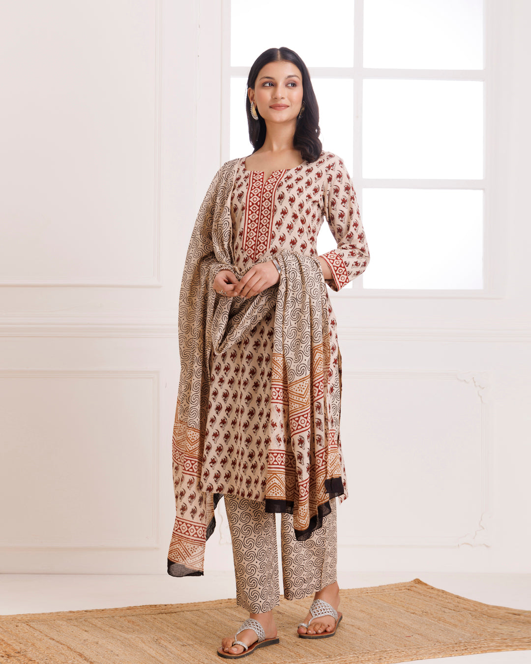 Beige Bagru Hand Block Printed Cotton Suit Set