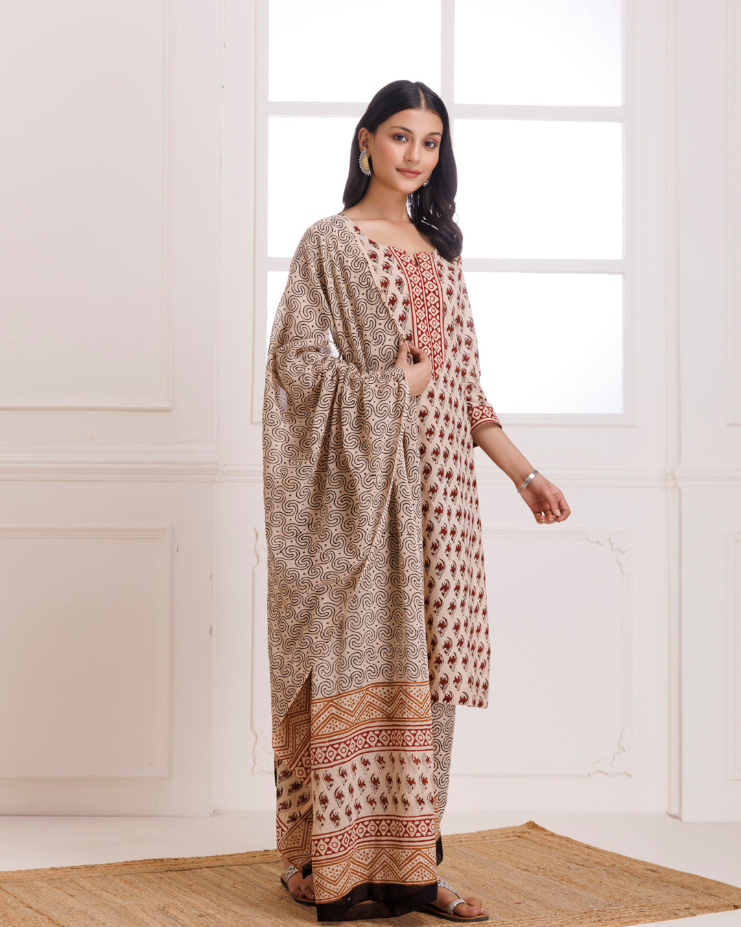 Beige Bagru Hand Block Printed Cotton Suit Set