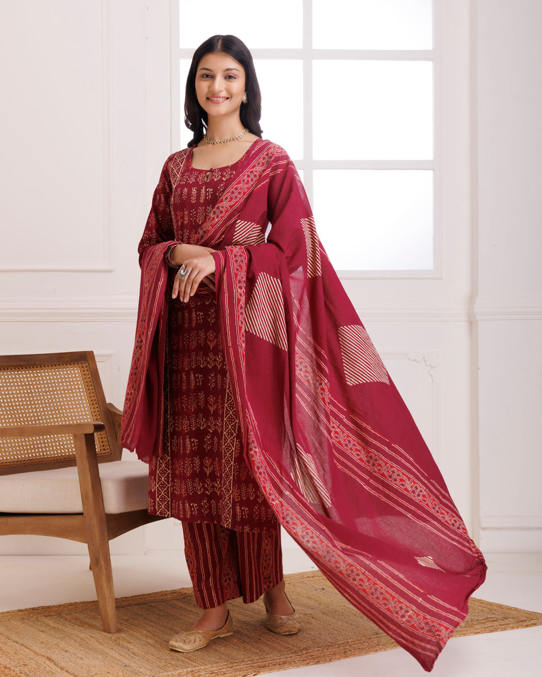 Wine Handblock Printed Cotton Suit Set