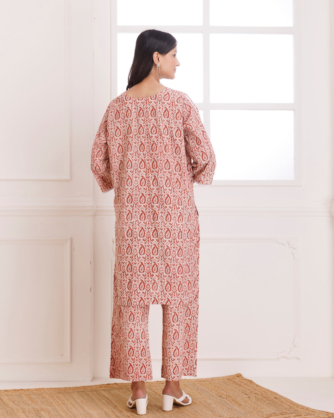 Beige & Pink Dabu Hand Block Printed Cotton Kurta Pant