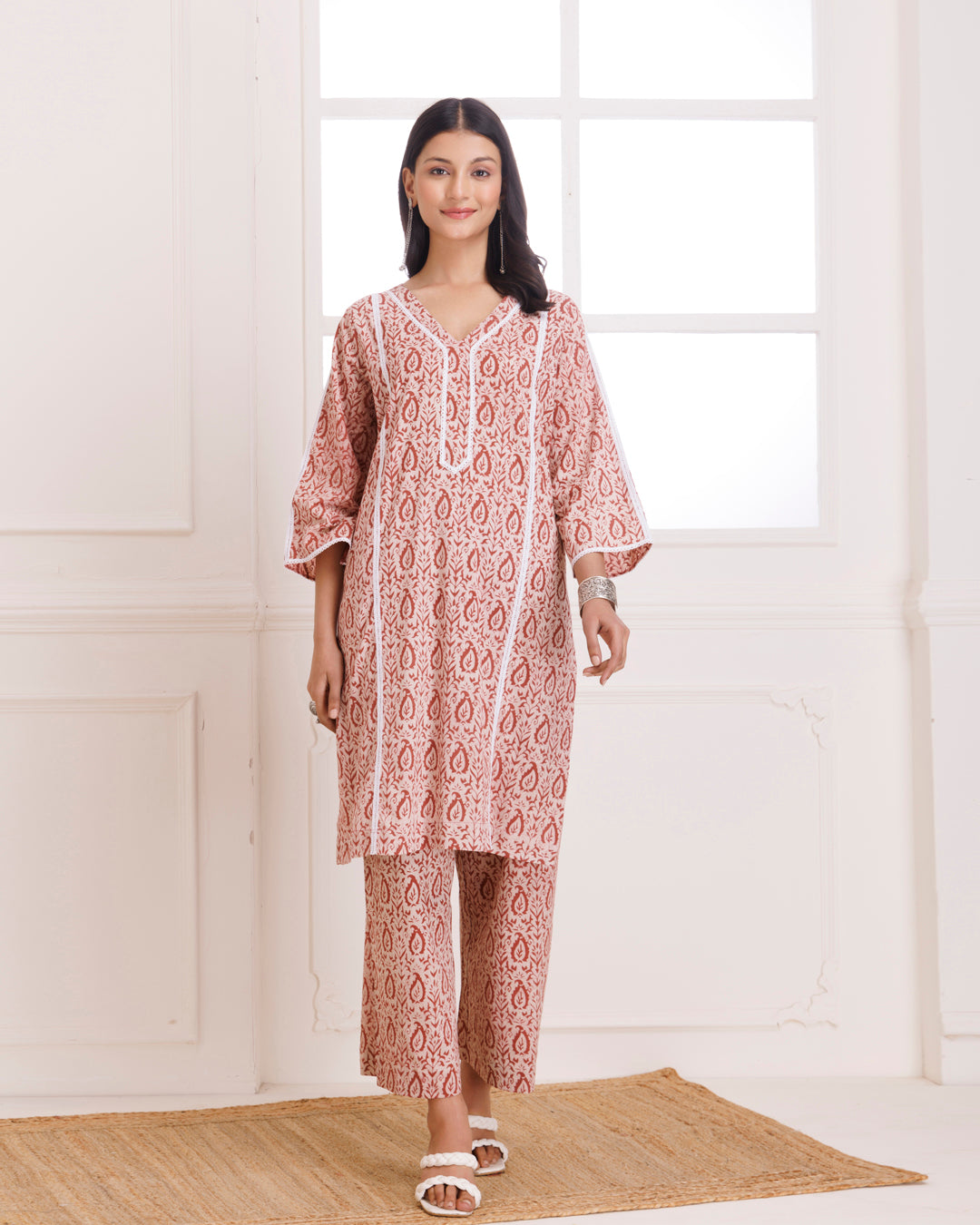 Beige & Pink Dabu Hand Block Printed Cotton Kurta Pant