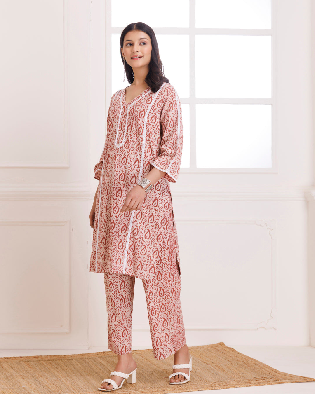 Beige & Pink Dabu Hand Block Printed Cotton Kurta Pant