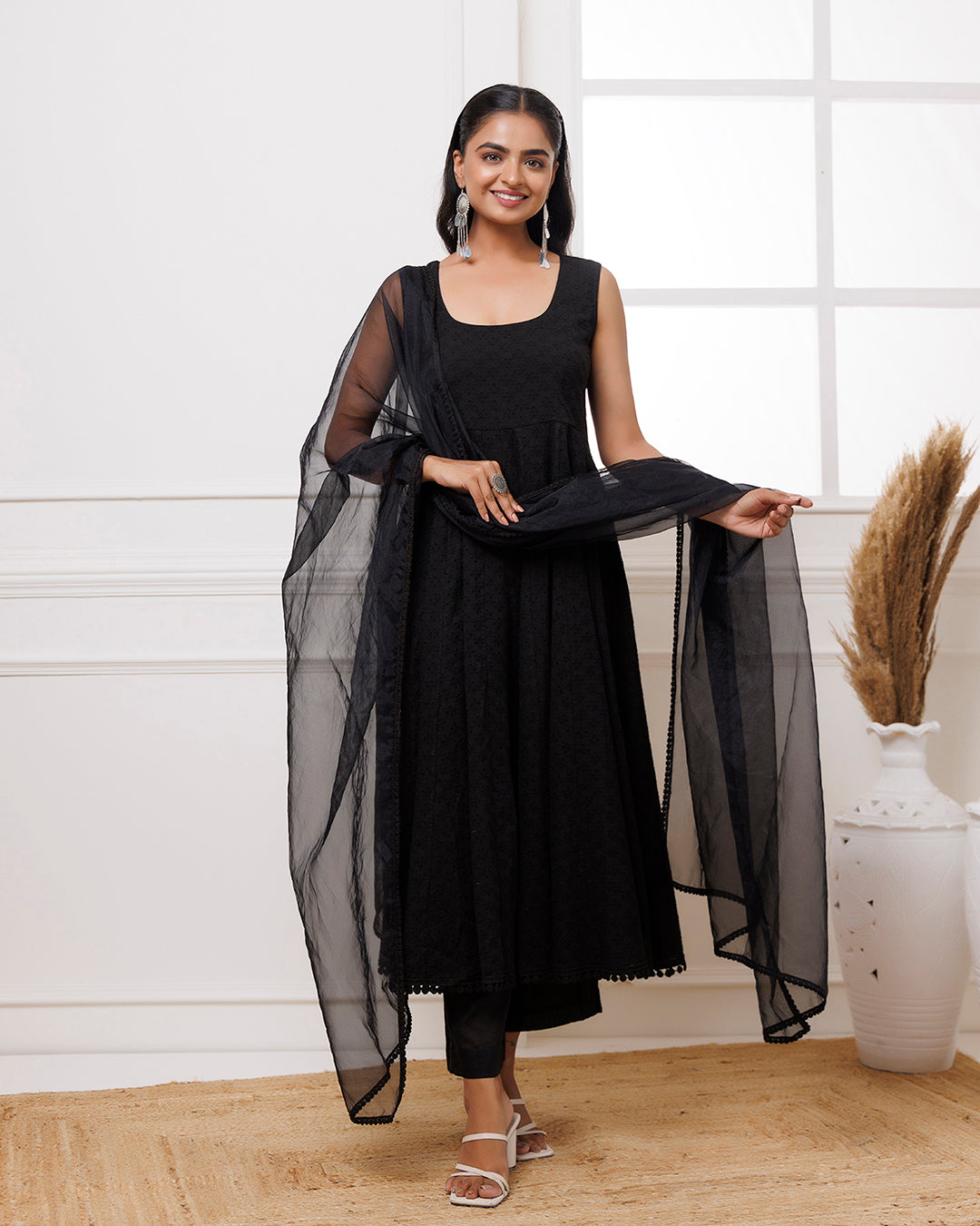 Black Schiffili Anarkali Suit Set