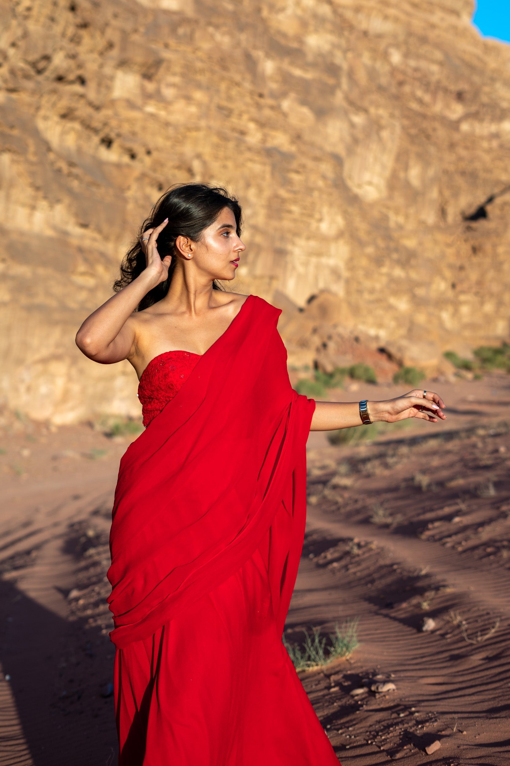 Red Ready to Wear Saree with stitched Blouse