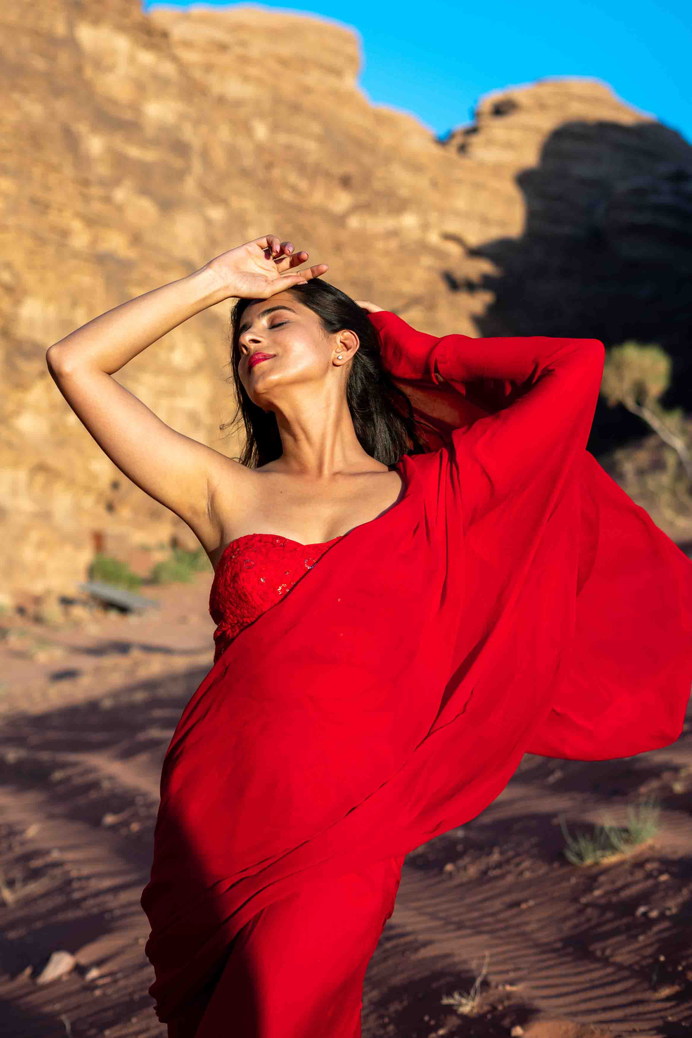 Red Ready to Wear Saree with stitched Blouse