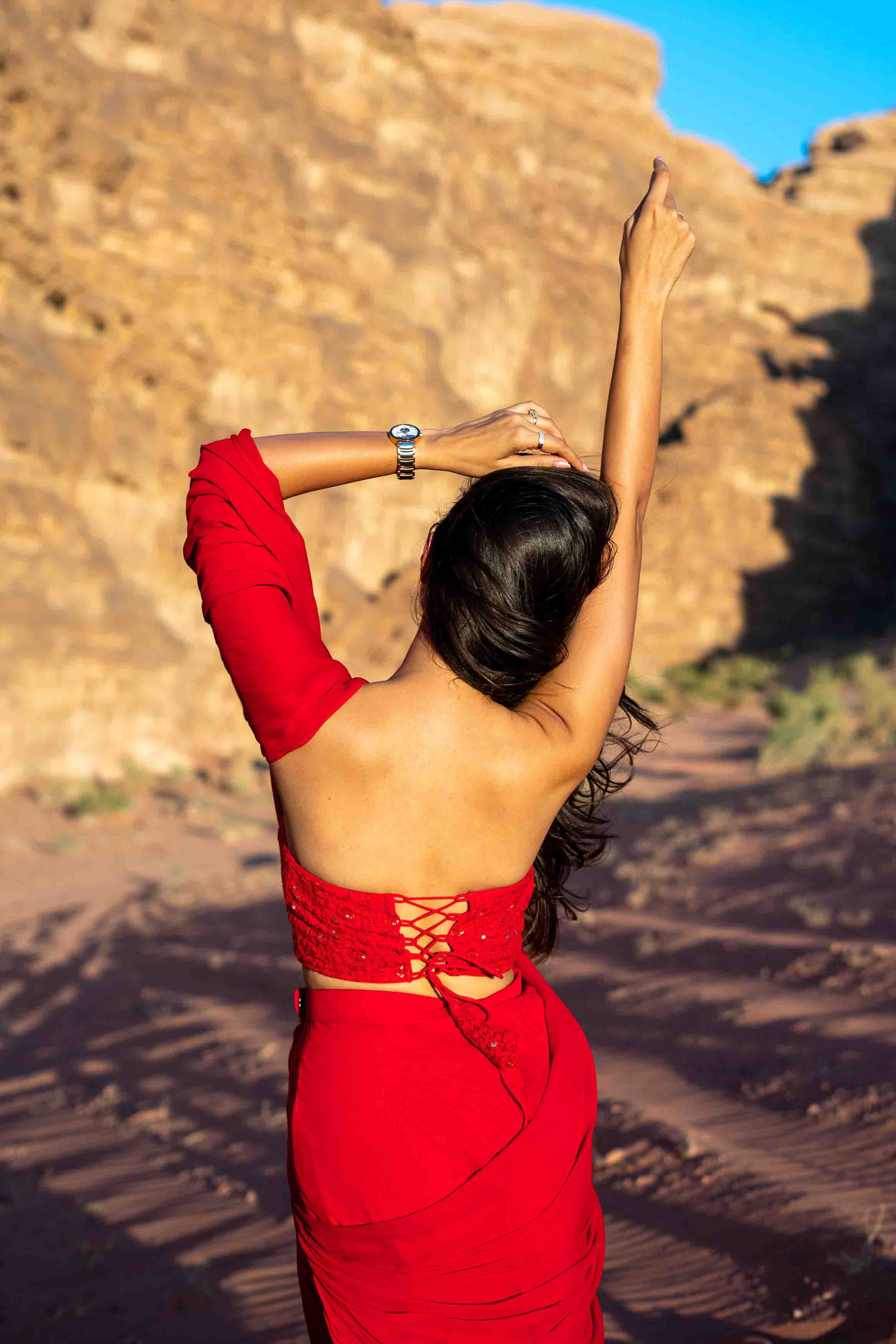 Red Ready to Wear Saree with stitched Blouse