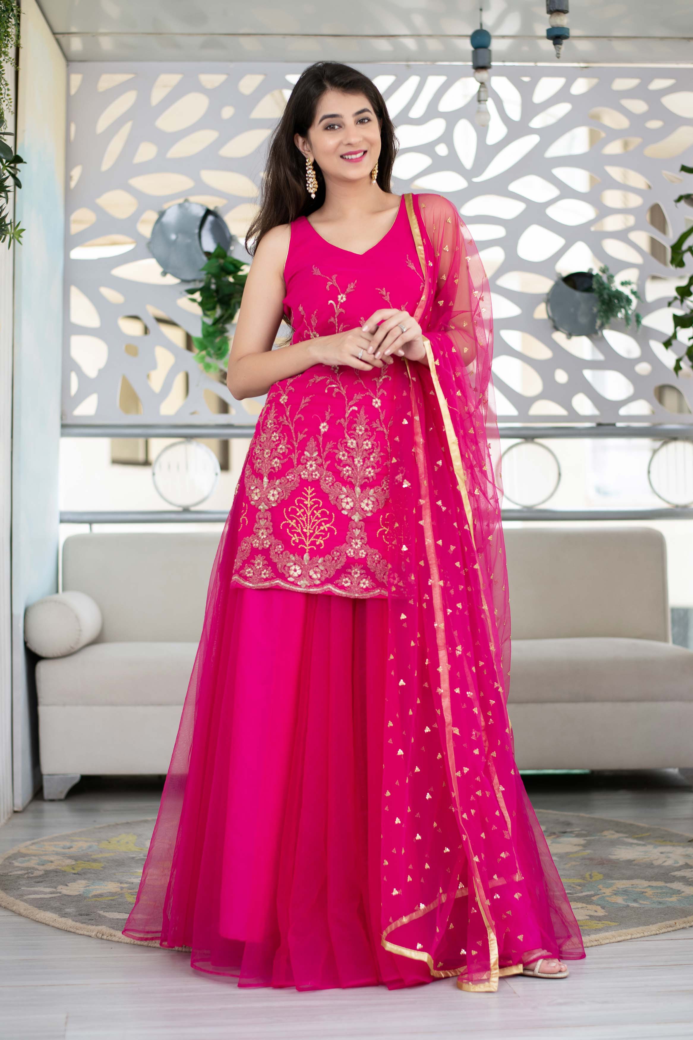 Pink Georgette Heavy Work Kurta With Long Skirt And Net Dupatta