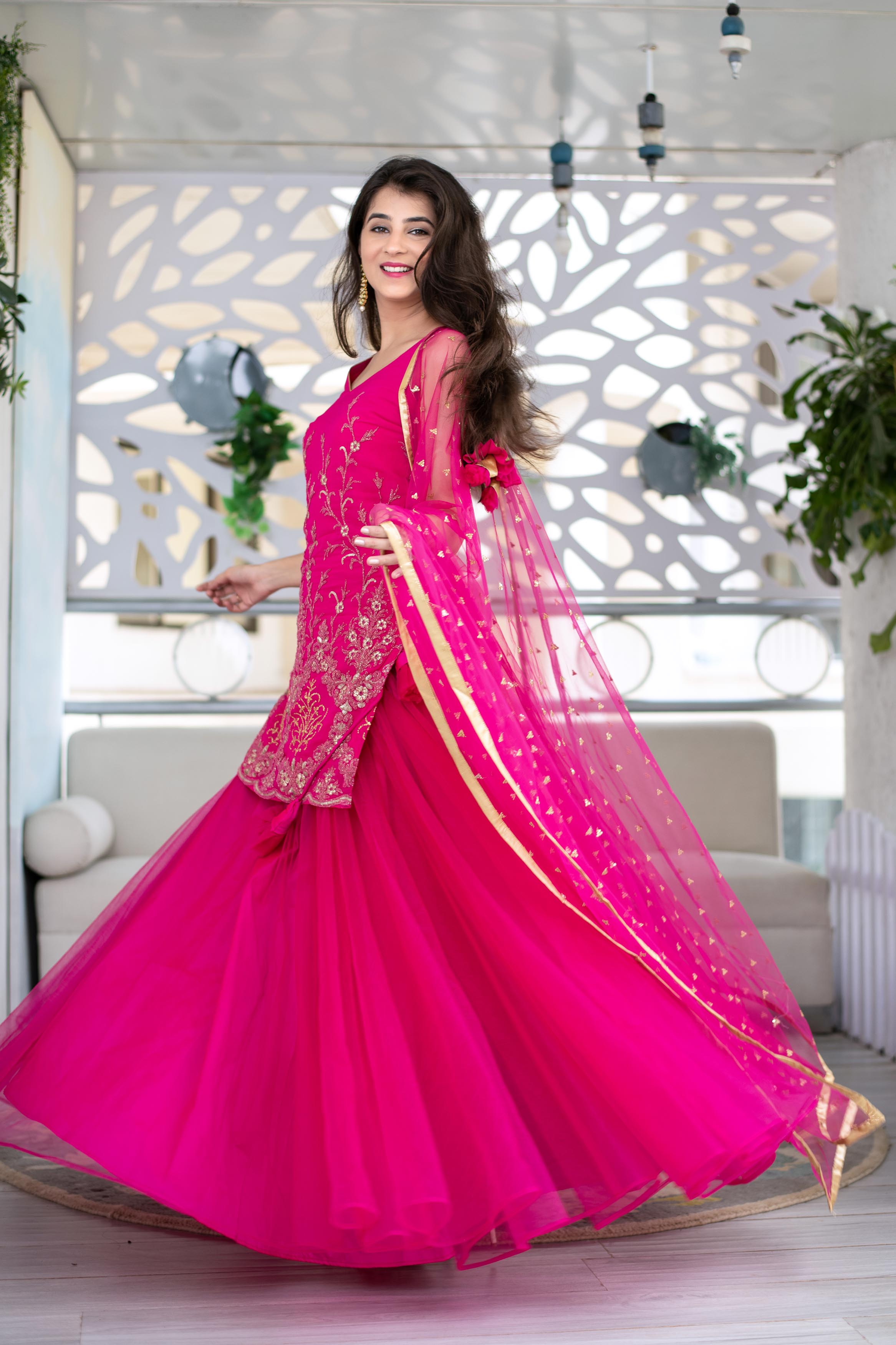 Pink Georgette Heavy Work Kurta With Long Skirt And Net Dupatta