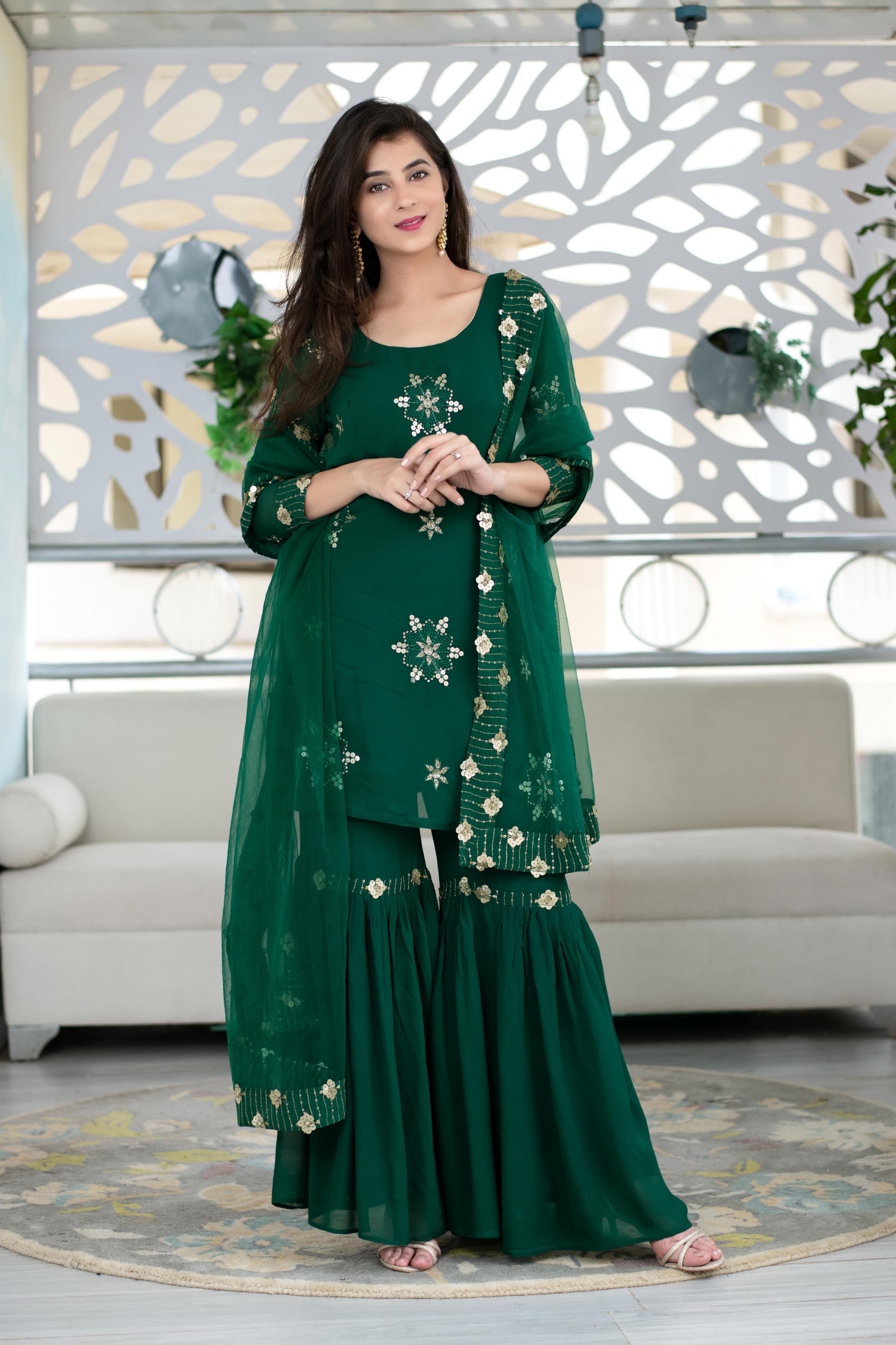 Green Georgette Sharara Suit Set With Net Dupatta