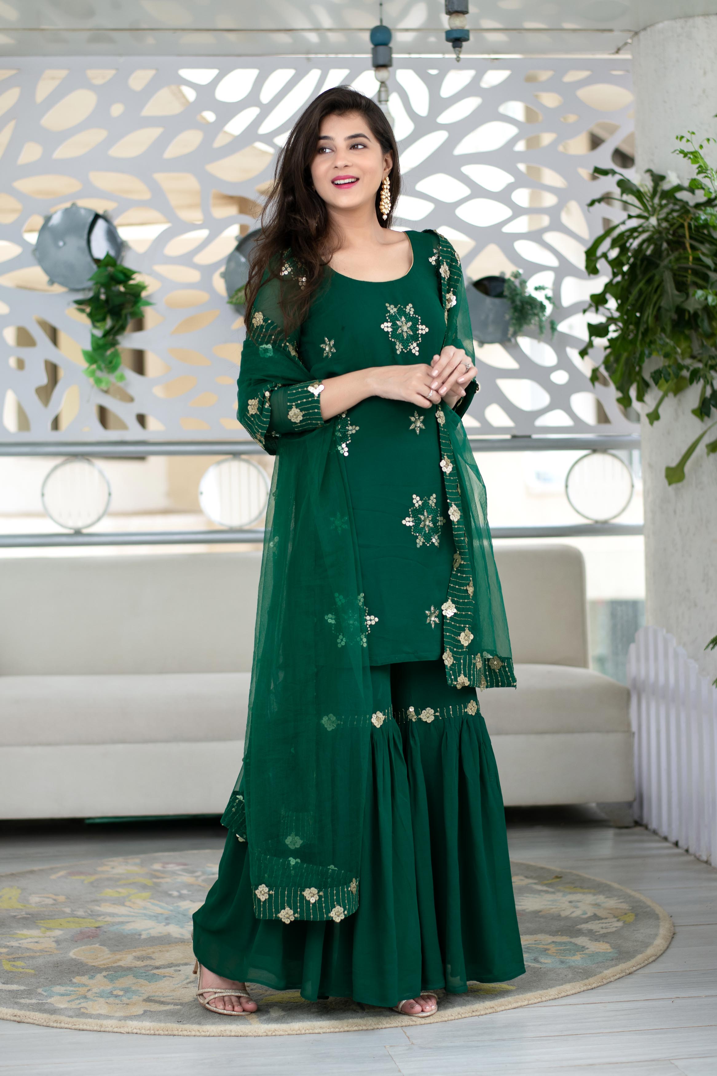 Green Georgette Sharara Suit Set With Net Dupatta