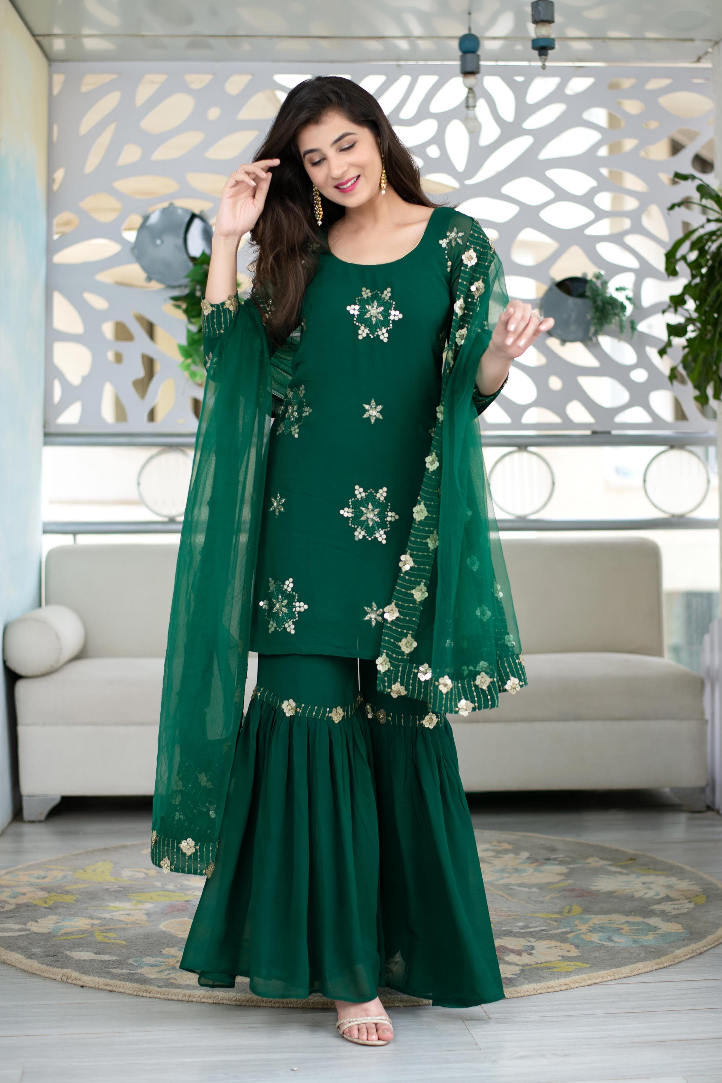 Green Georgette Sharara Suit Set With Net Dupatta